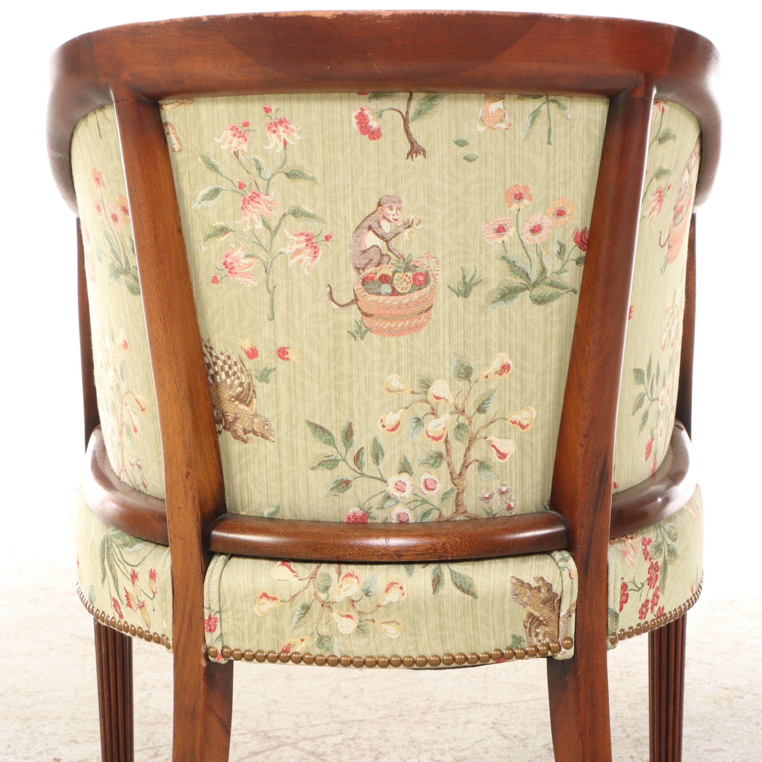 Sheraton Style Barrel-Back Upholstered Mahogany Chair