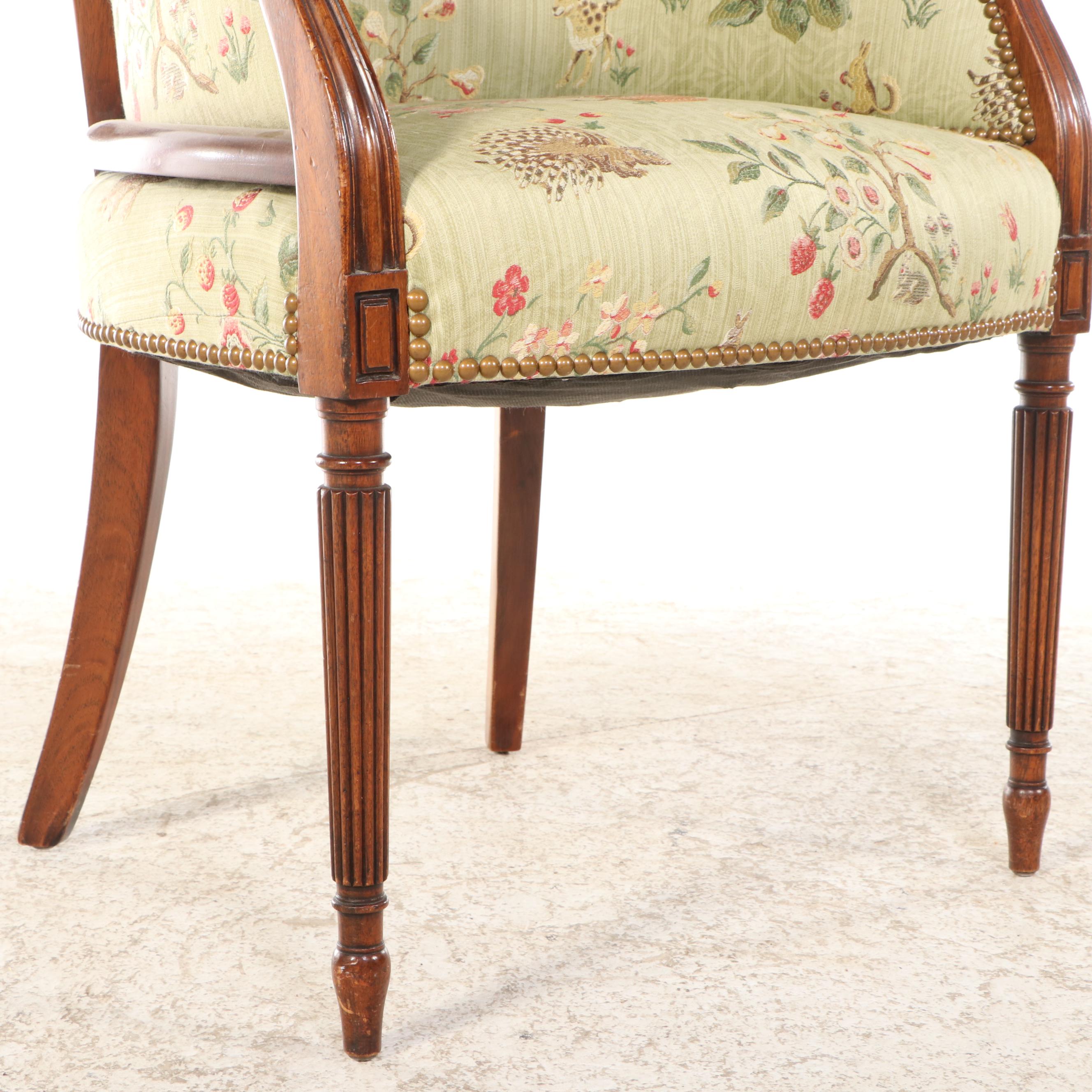 Sheraton Style Barrel-Back Upholstered Mahogany Chair