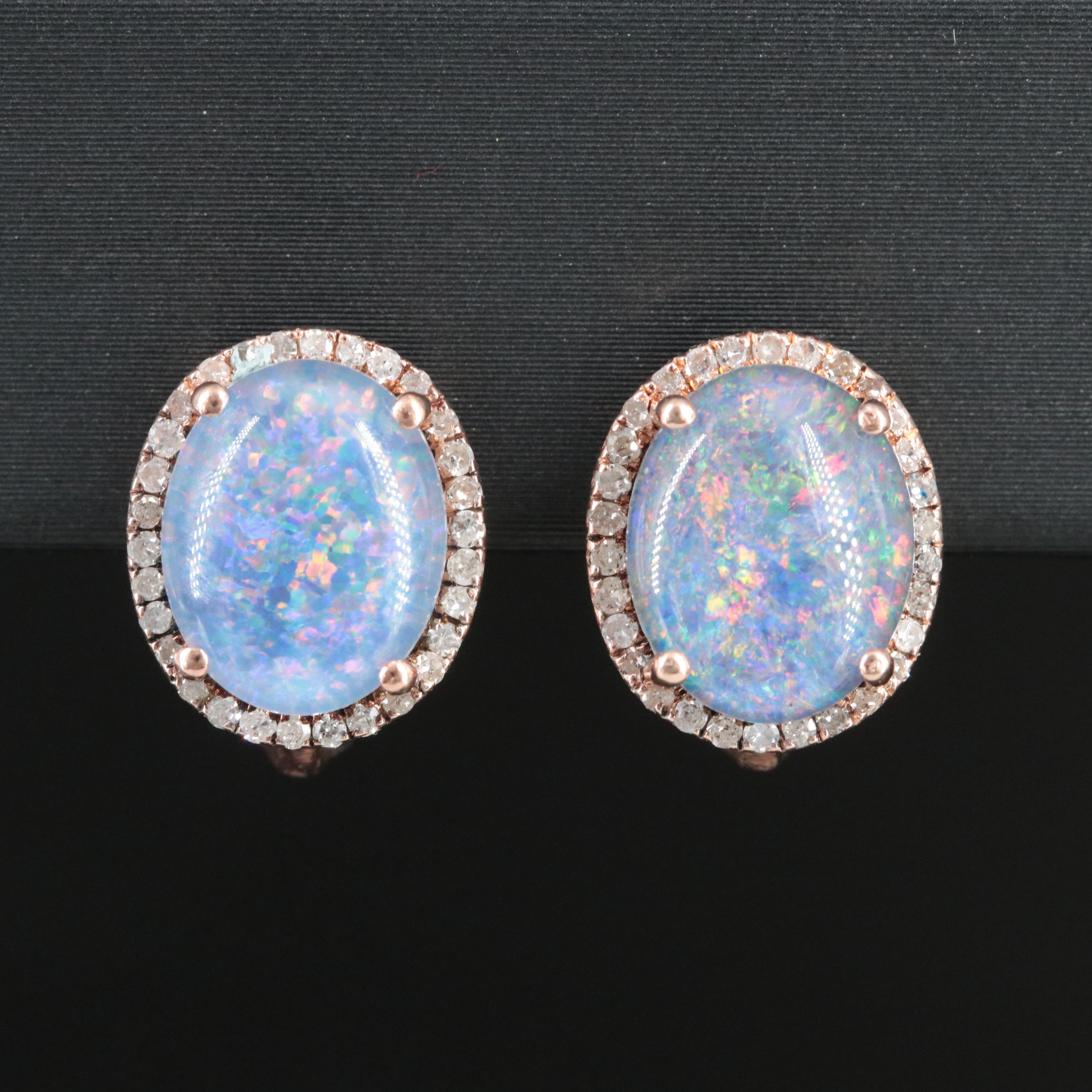 14K Rose Gold Opal Triplet and Diamond Stud Earrings