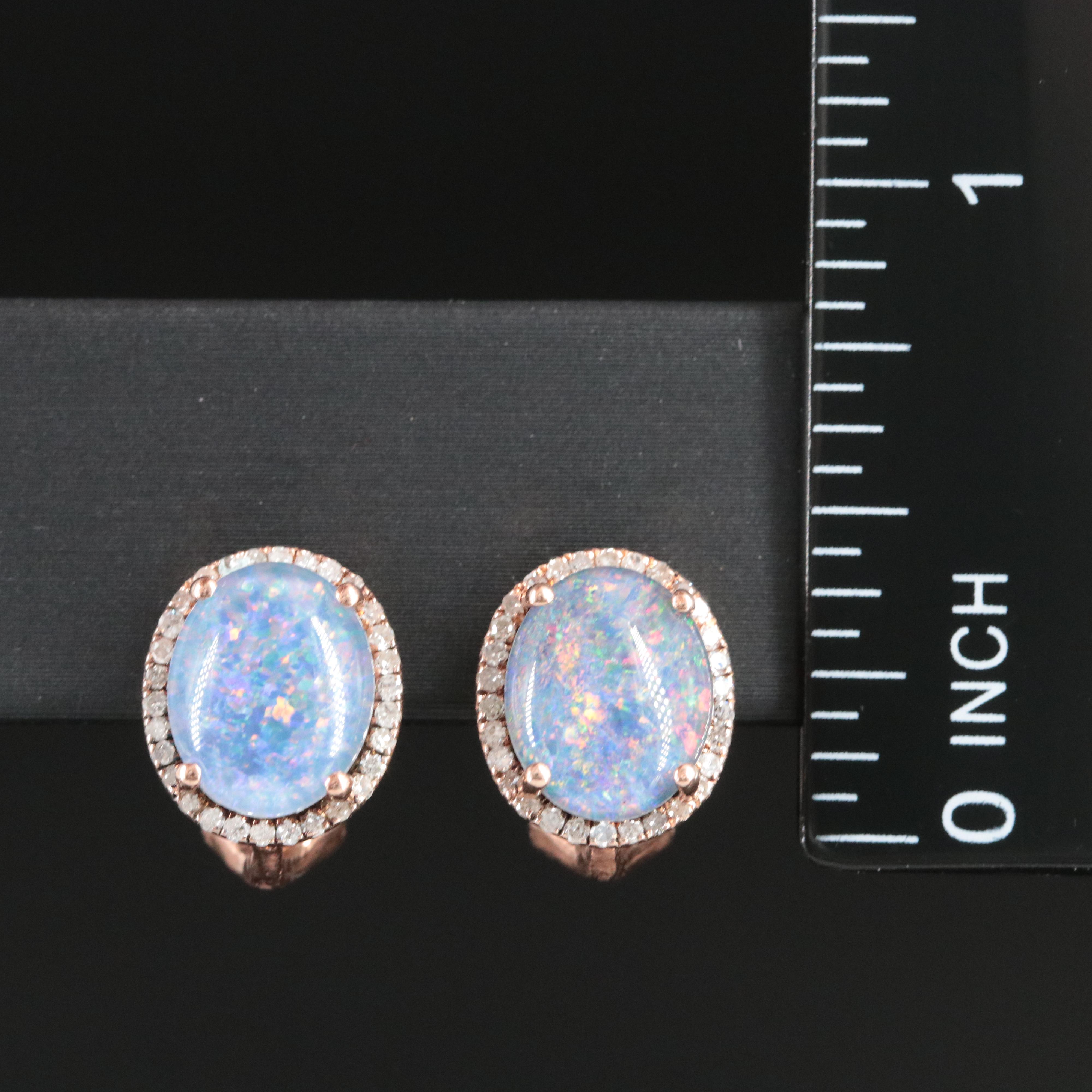 14K Rose Gold Opal Triplet and Diamond Stud Earrings