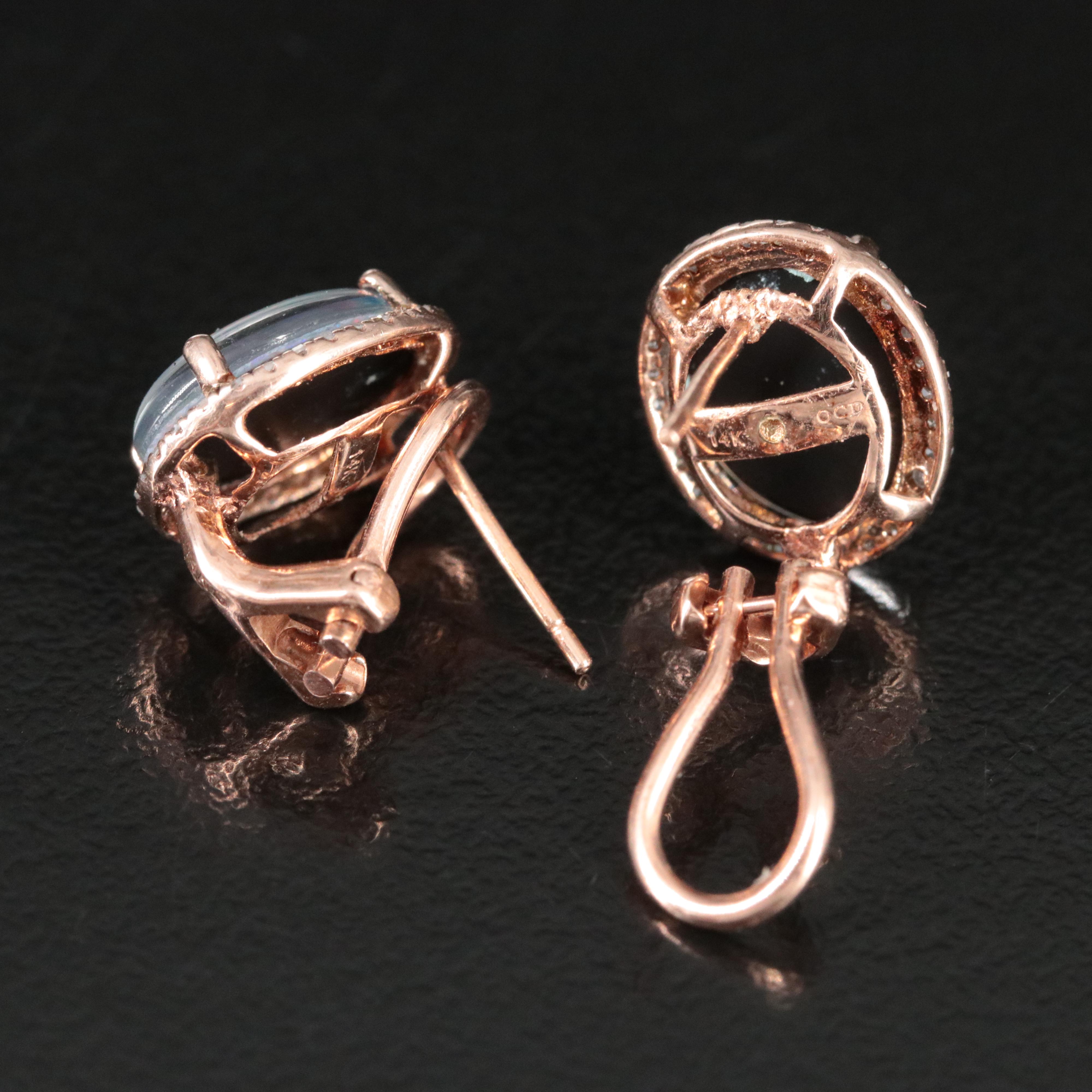 14K Rose Gold Opal Triplet and Diamond Stud Earrings
