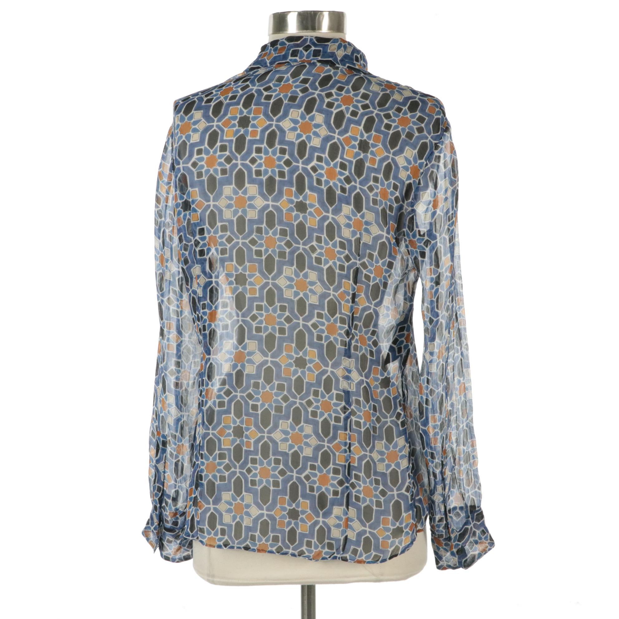 Prada Sheer Long Sleeve Button-Down Blouse in Blue Geometric Printed Silk