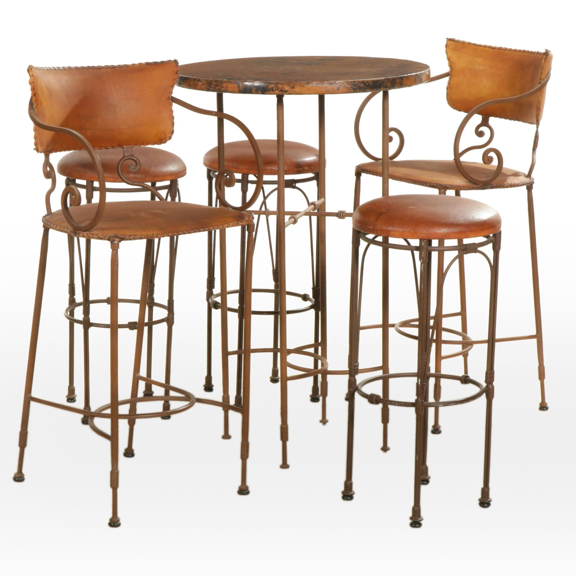Mexican Hammered Copper Table and Set of Rustic Leather Bar Stools & High Chairs