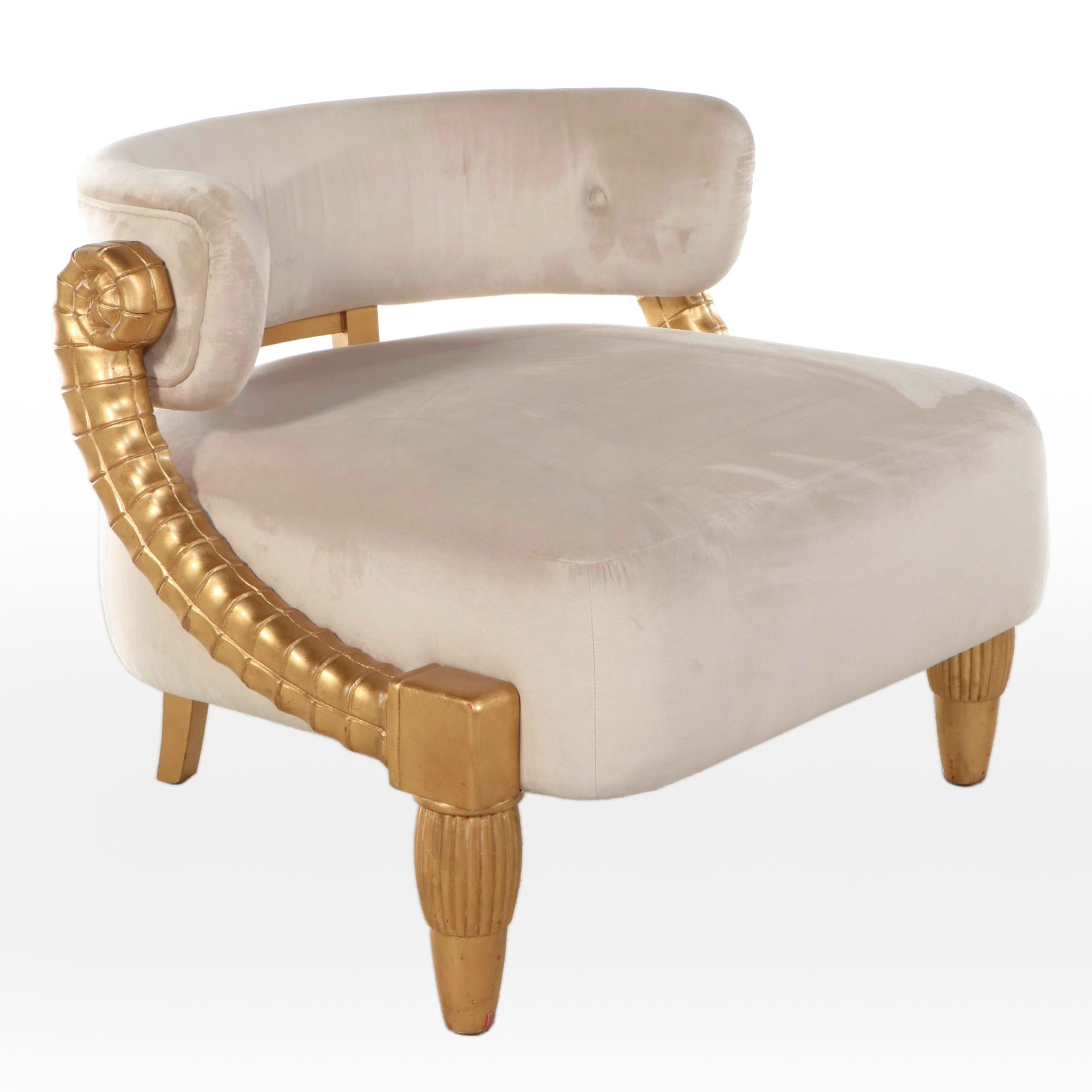 Hollywood Regency Style Giltwood and Upholstered Ammon Horn Tub Chair