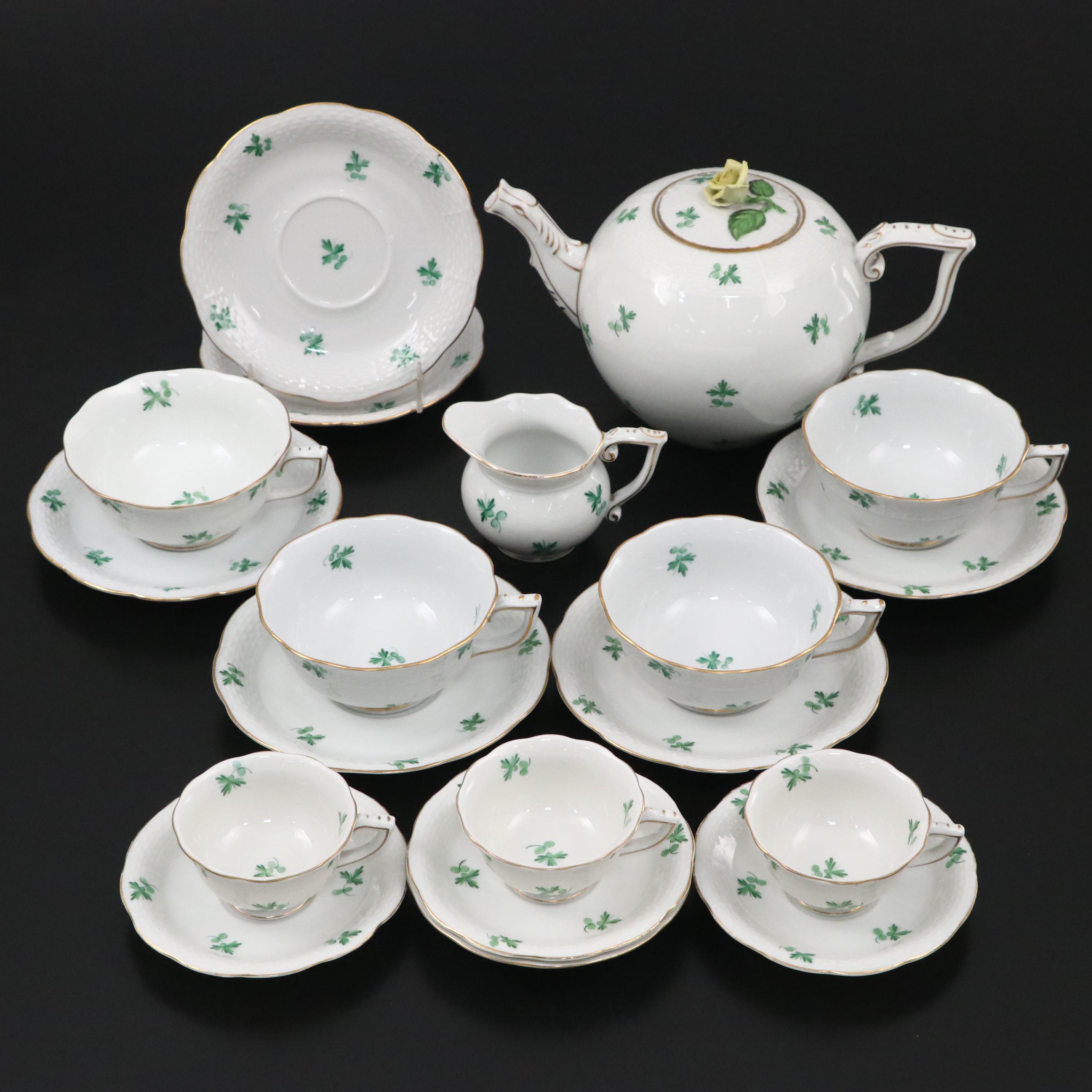 Herend Porcelain Teapot, Flat Cups, Saucers and Creamer, Mid-20th Century