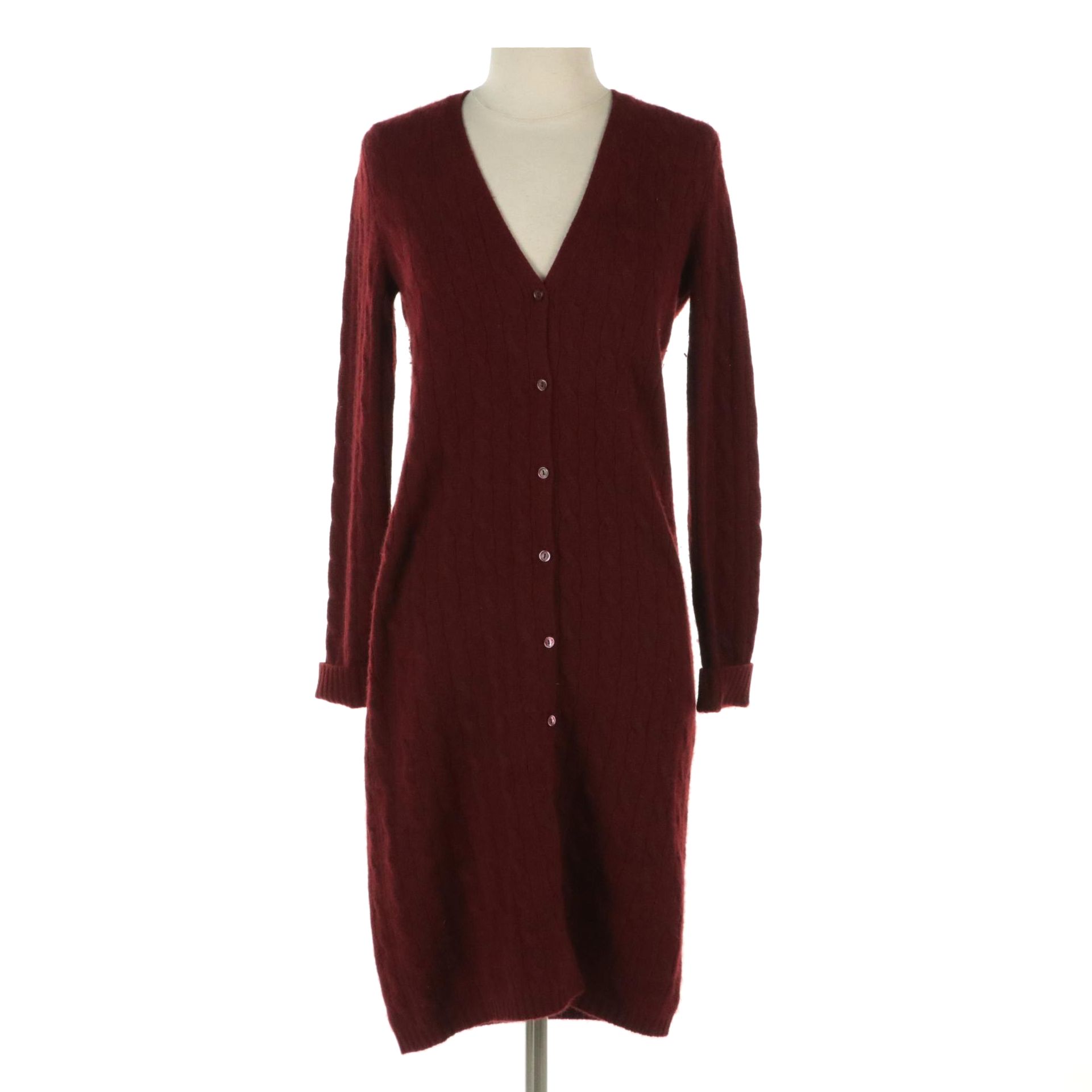 Ralph Lauren Button Front Sweater Dress in Burgundy Cable Knit Cashmere