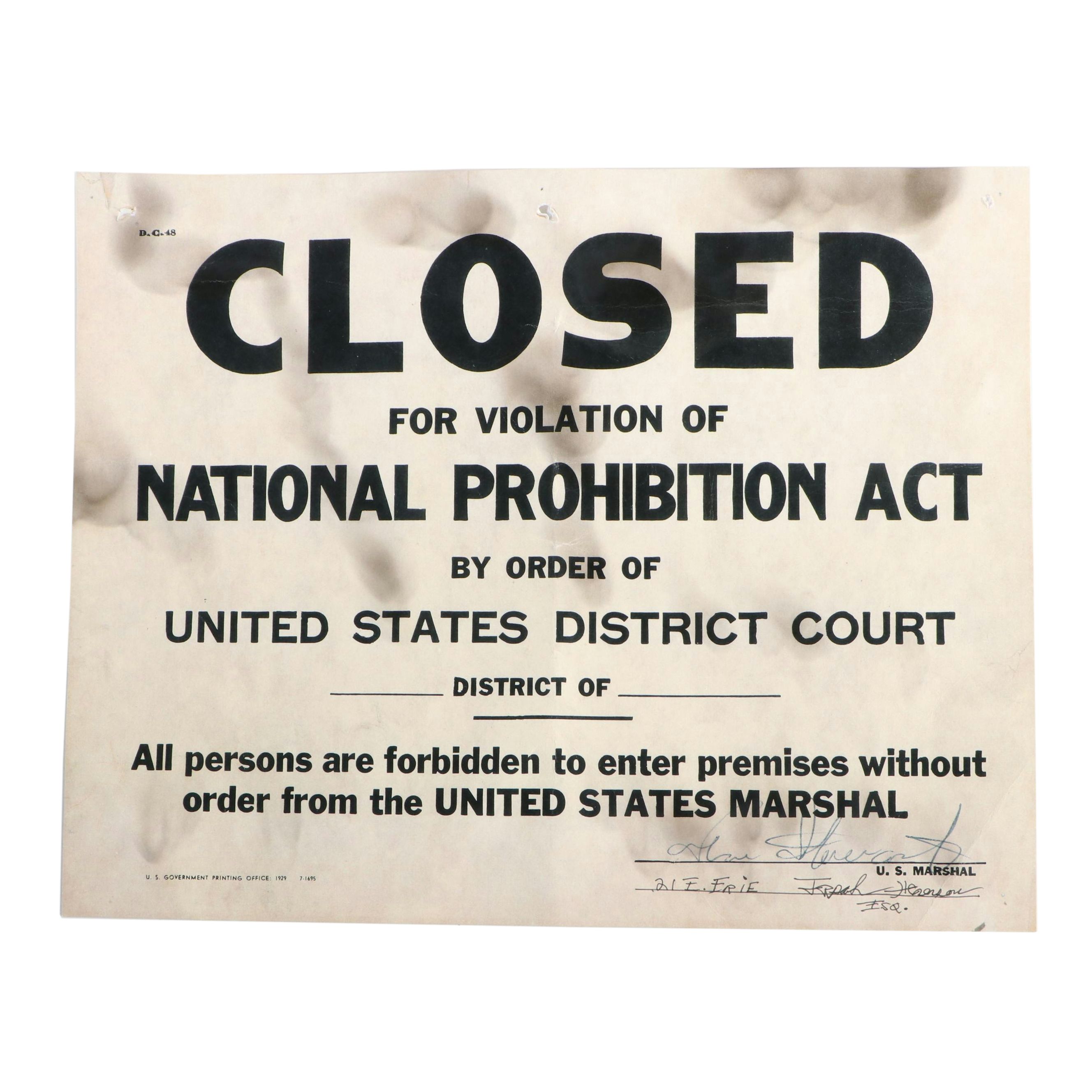 "Closed for Violation of National Prohibition Act" Paper Sign
