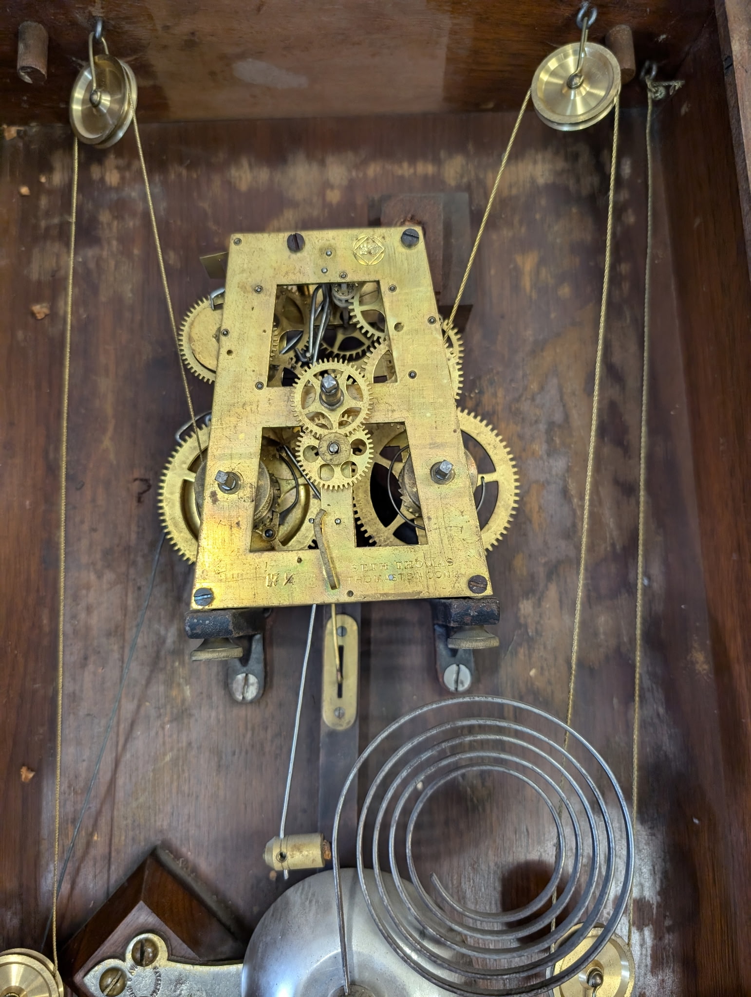 Seth Thomas "Flora" Walnut Double Weight Driven Wall Clock, Antique