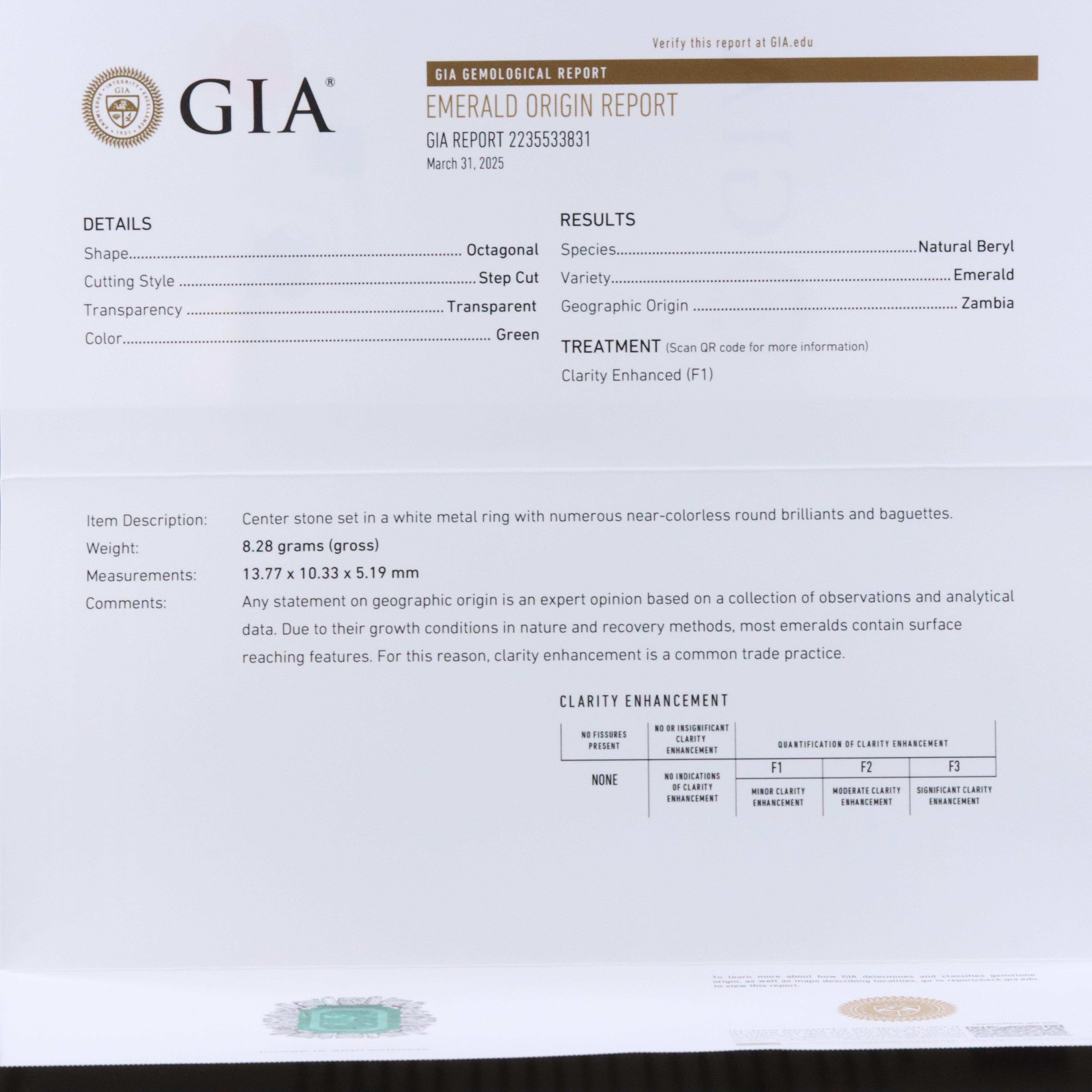 18K 5.96 CT Zambian Emerald and 1.08 CTW Diamond Ring with GIA Report