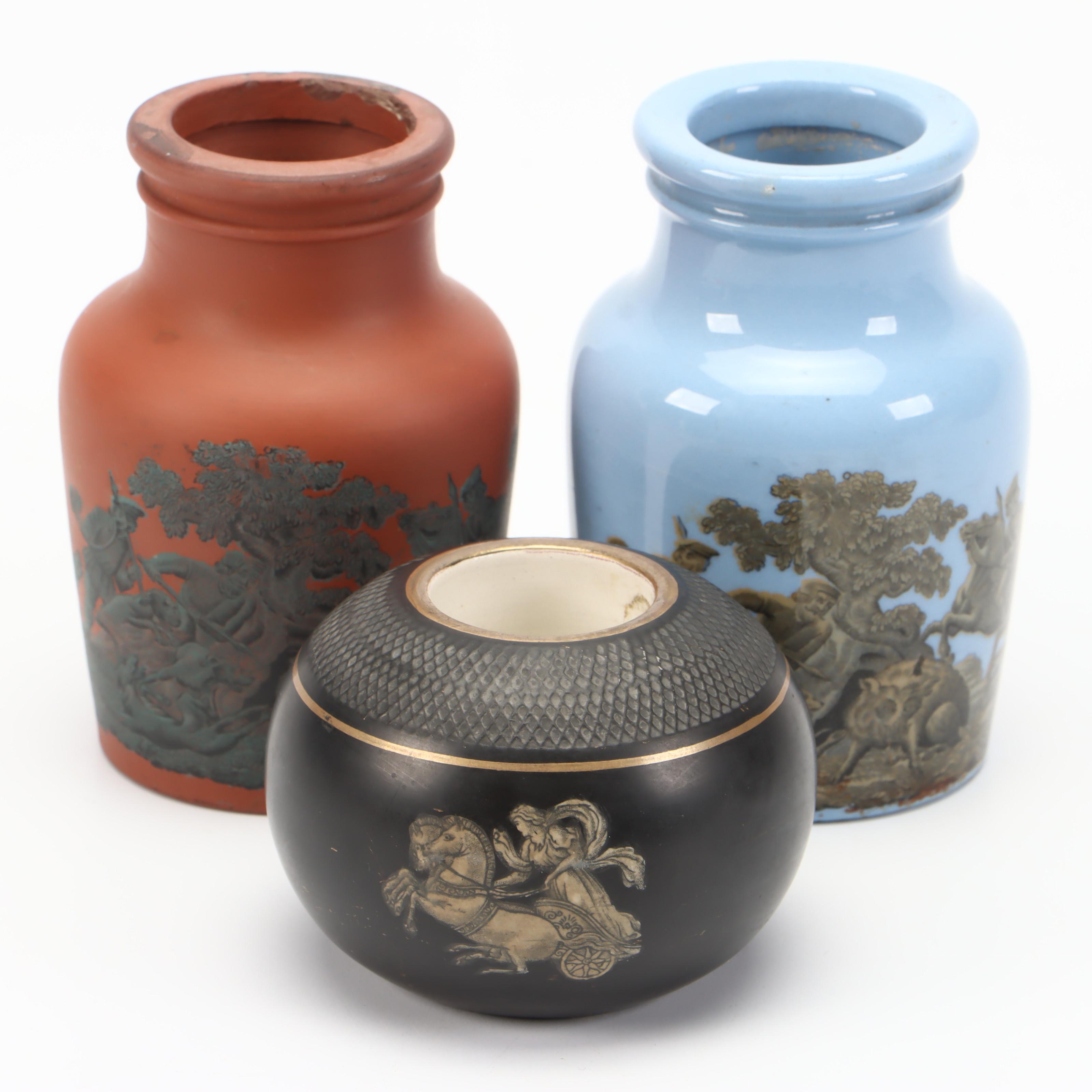 Felix & Richard Pratt "Etruscan" Match Striker and Other Prattware Mustard Pots