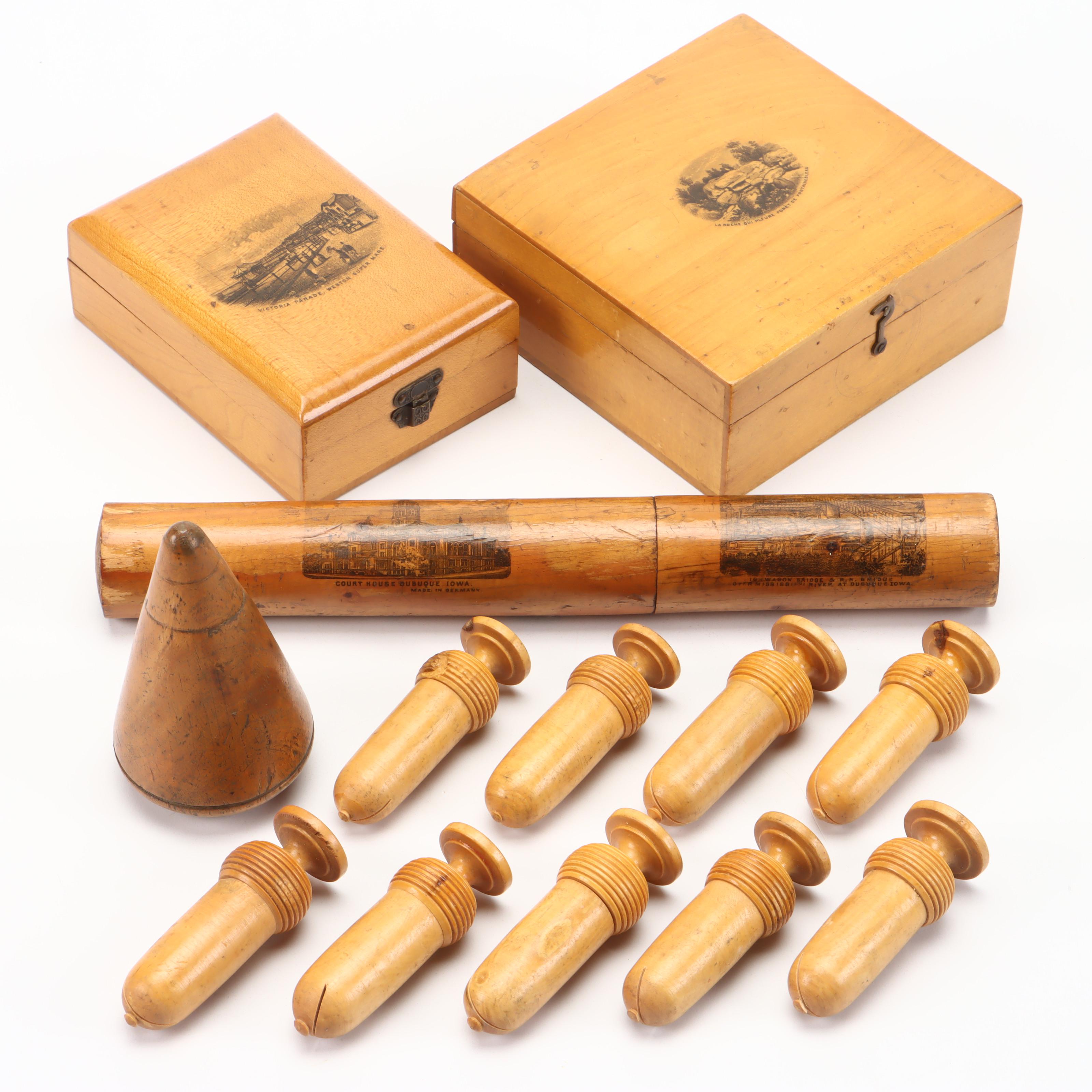 Wooden Treen Needle Cases with Boxes and Turnpin