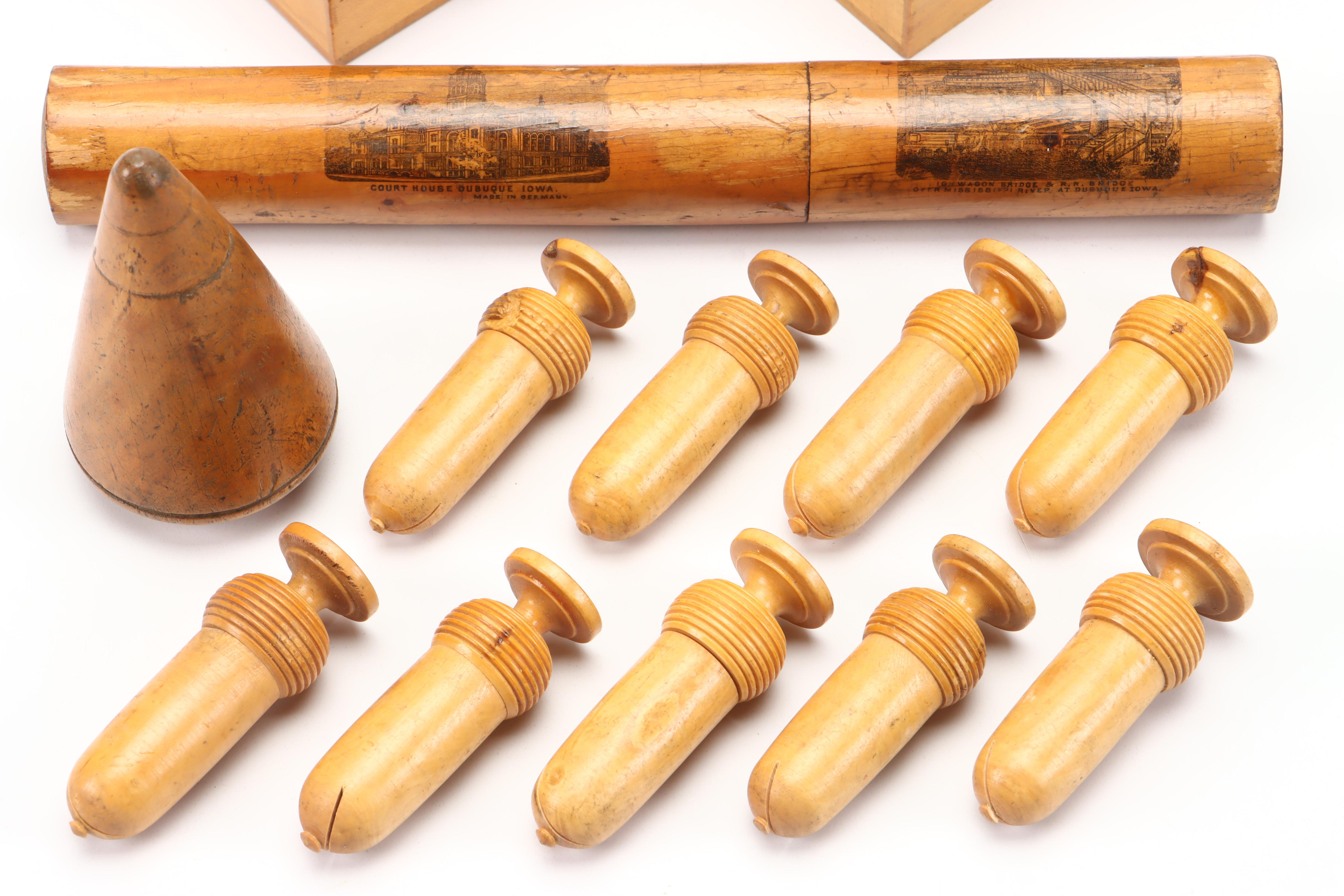 Wooden Treen Needle Cases with Boxes and Turnpin