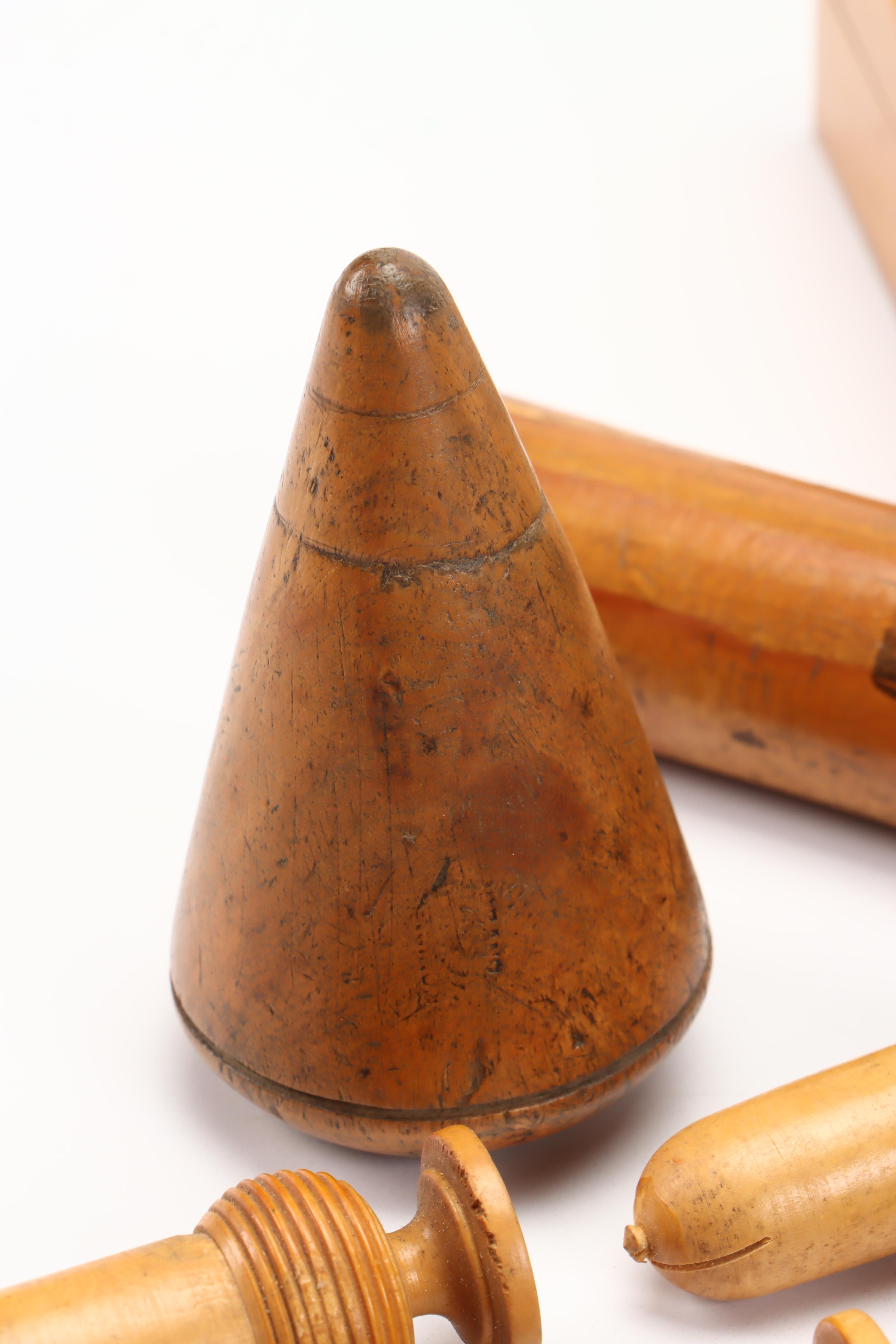 Wooden Treen Needle Cases with Boxes and Turnpin