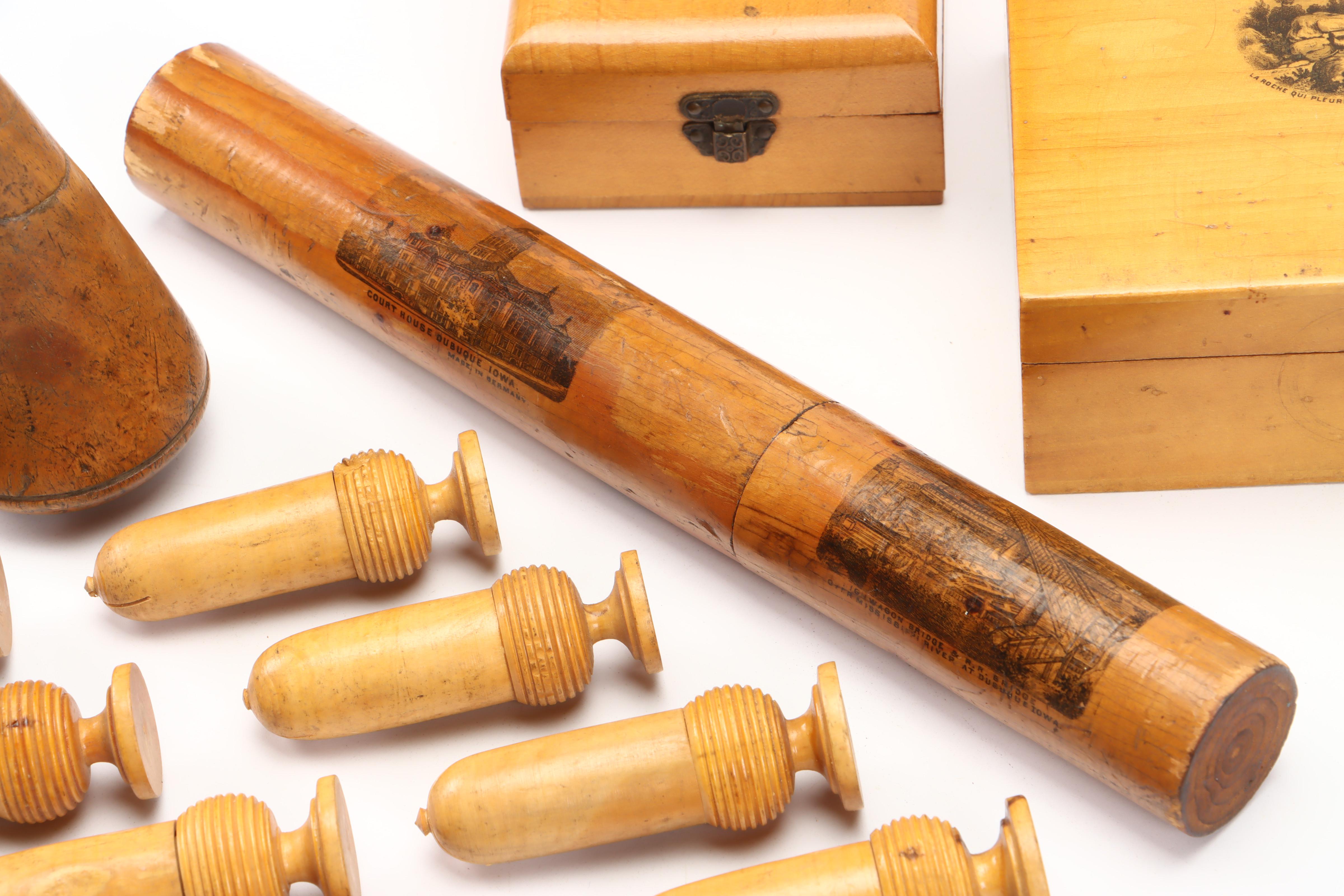 Wooden Treen Needle Cases with Boxes and Turnpin