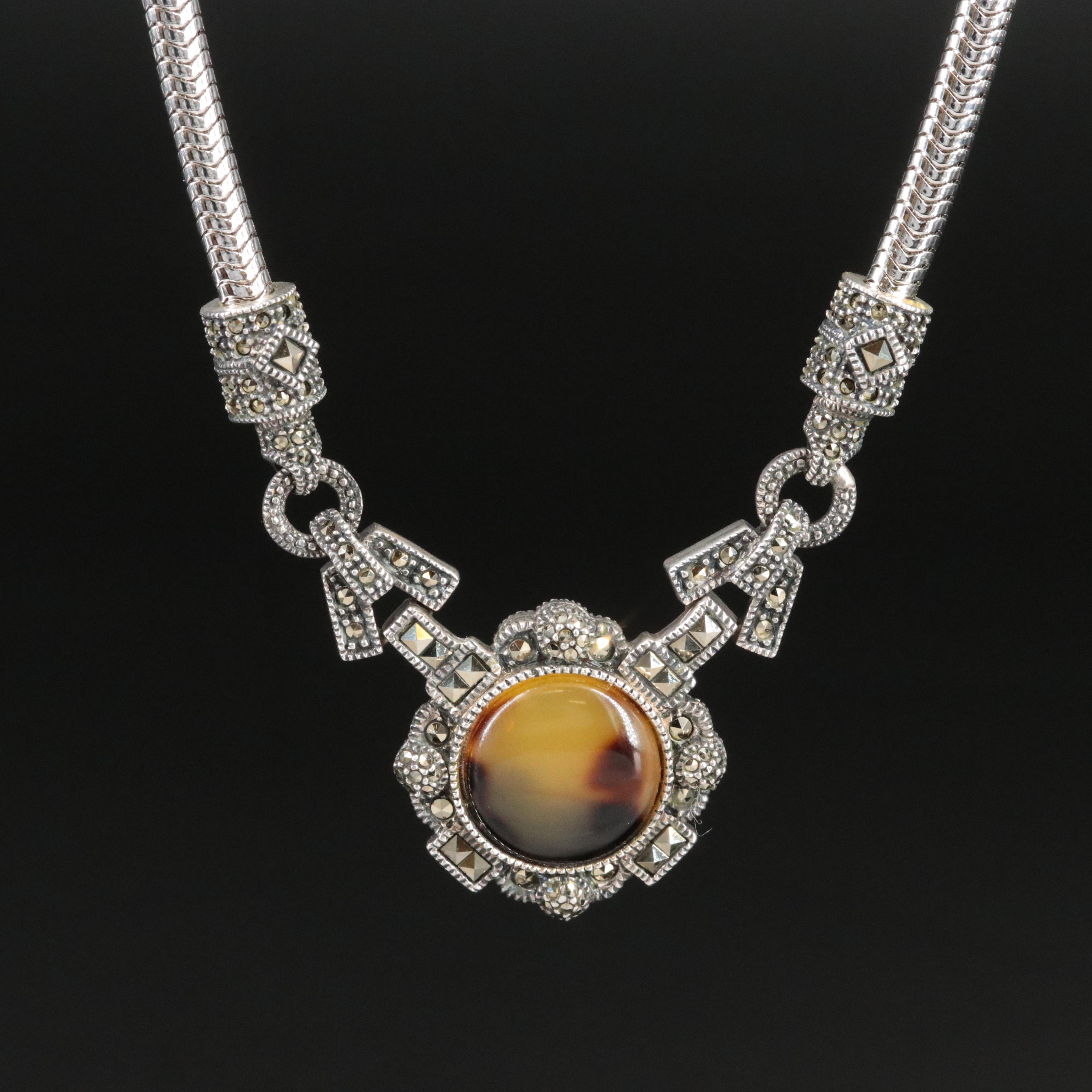 Sterling Faux Tortoise Shell and Marcasite Necklace