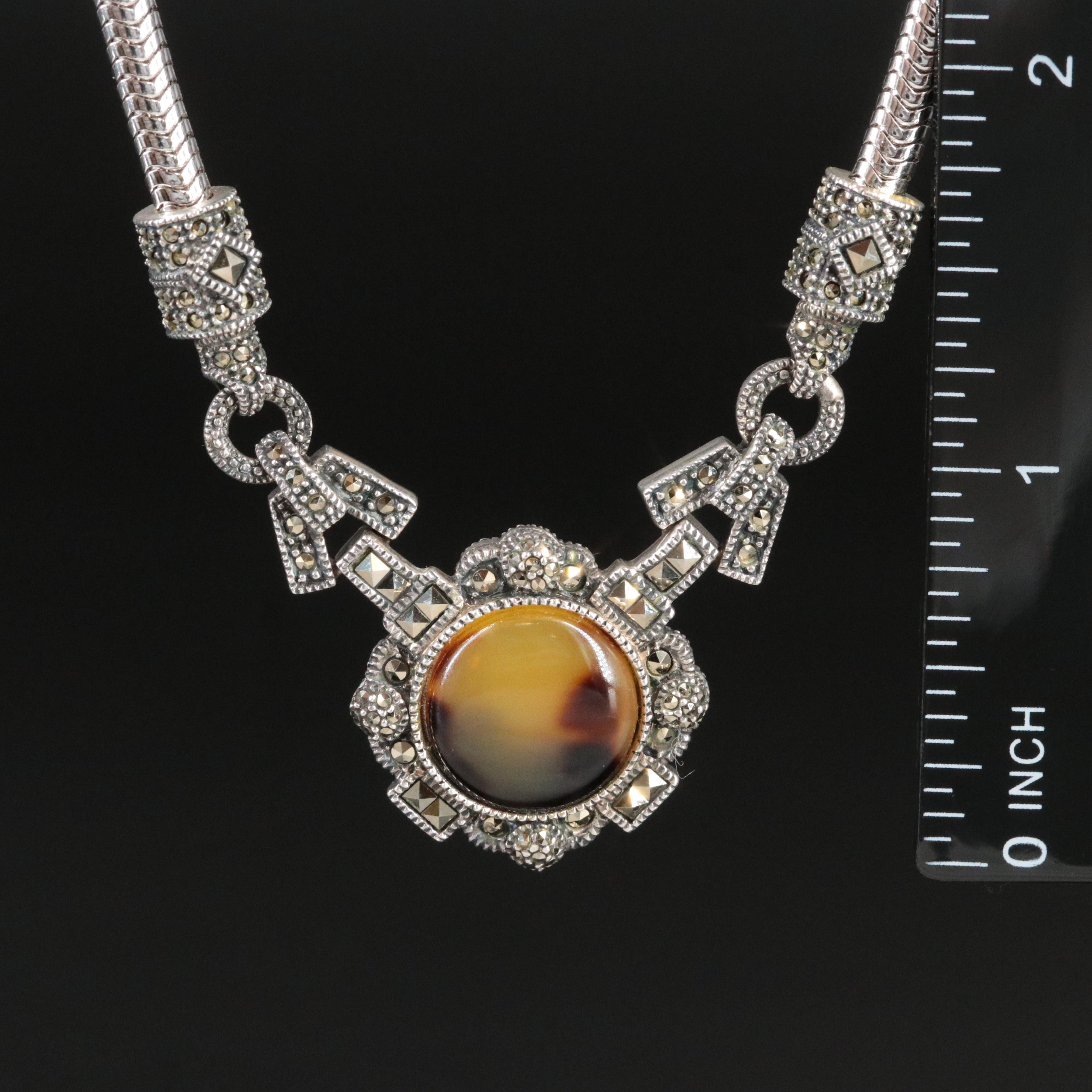 Sterling Faux Tortoise Shell and Marcasite Necklace