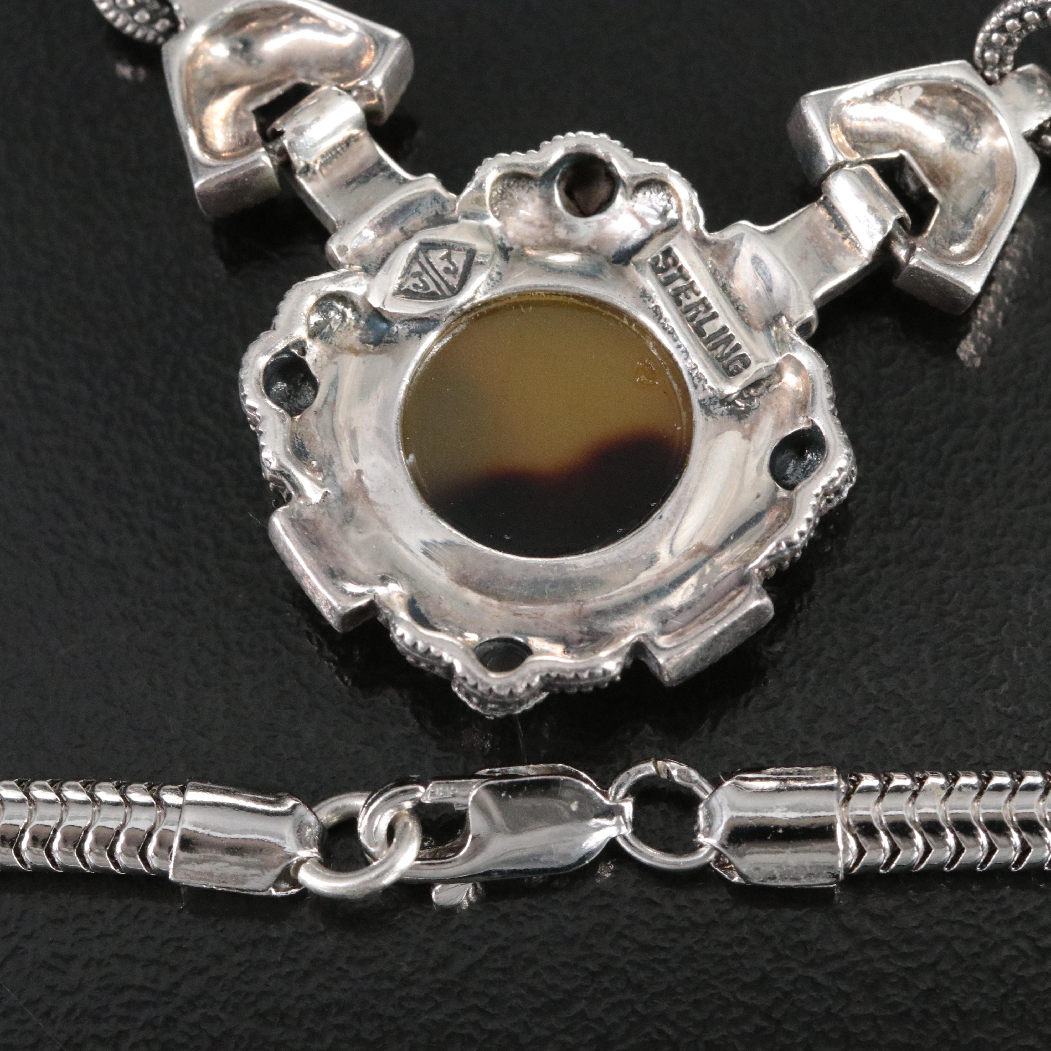 Sterling Faux Tortoise Shell and Marcasite Necklace