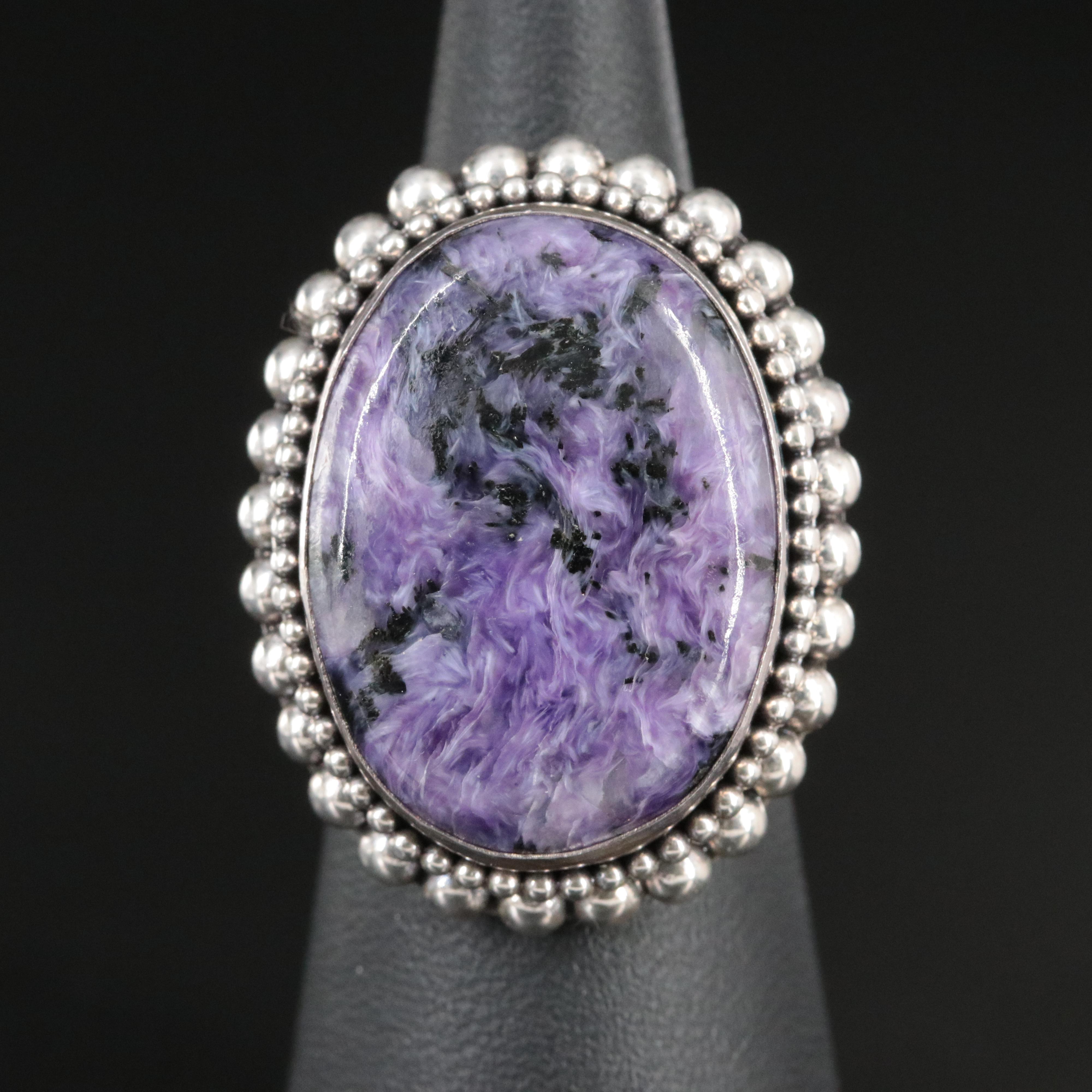 Sterling Charoite Oversized Ring with Beaded Edge