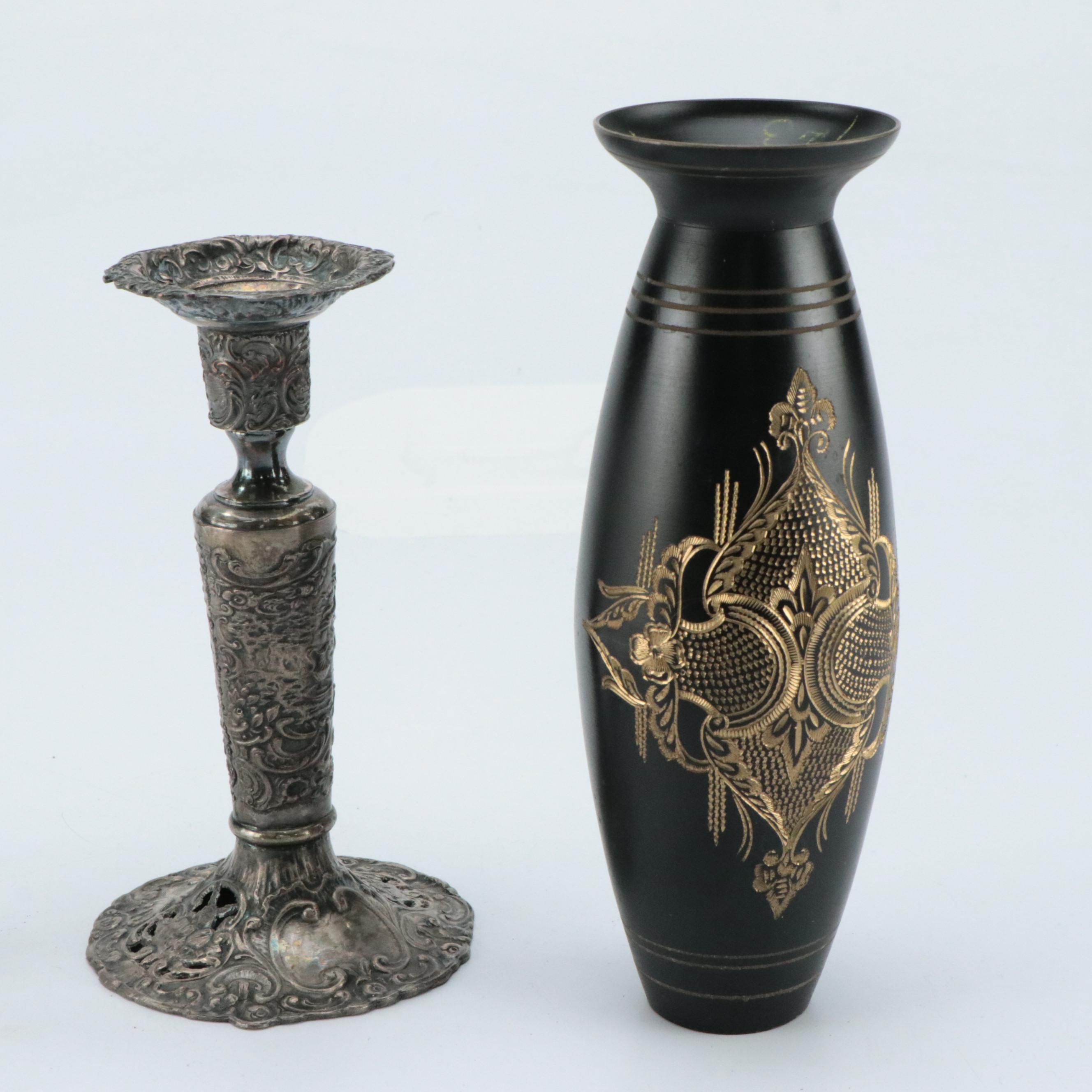 Japanese MOP ando Lacquer Box, Engraved Pewter Candle Holder, and Other Décor