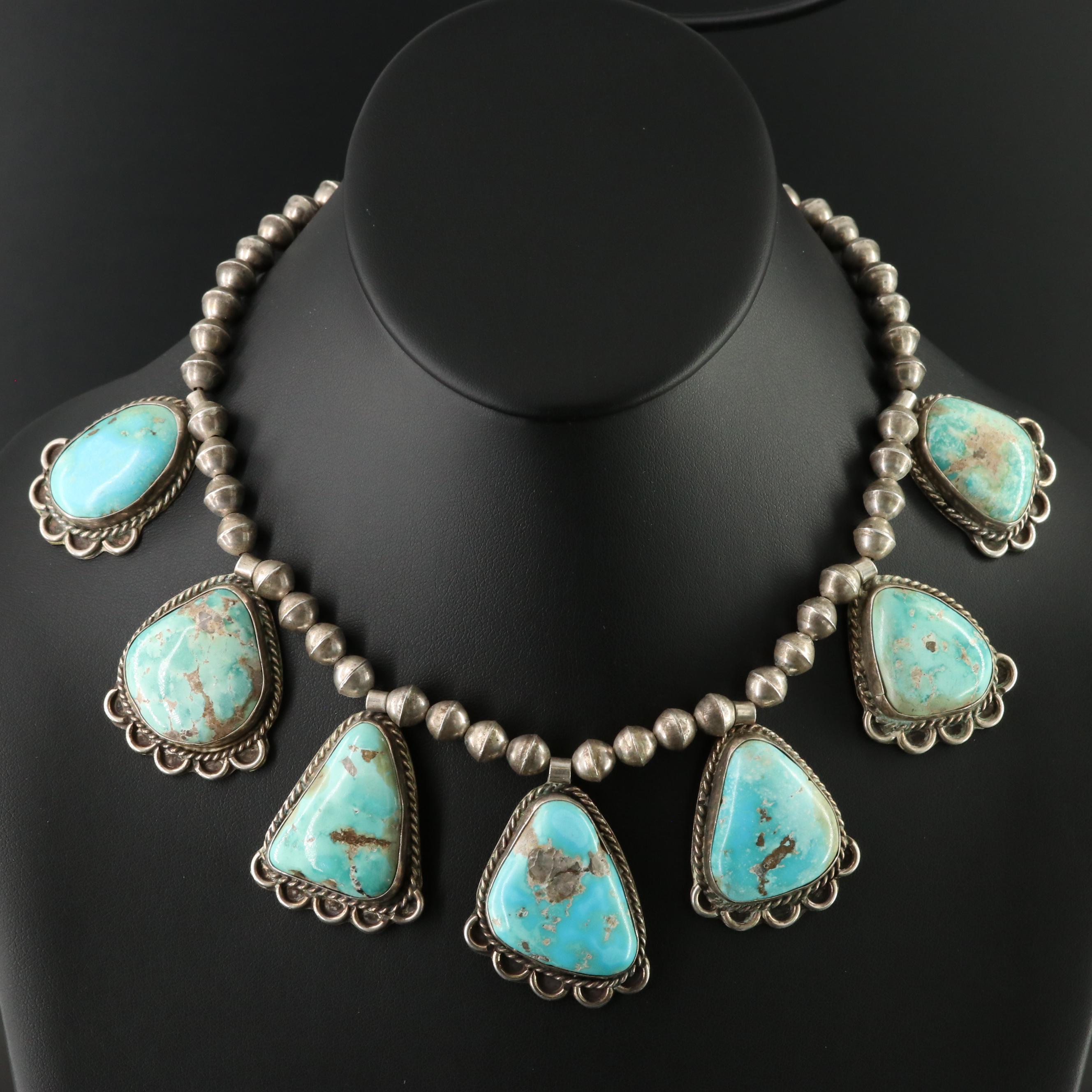 Southwestern Sterling Turquoise and Bench Bead Necklace