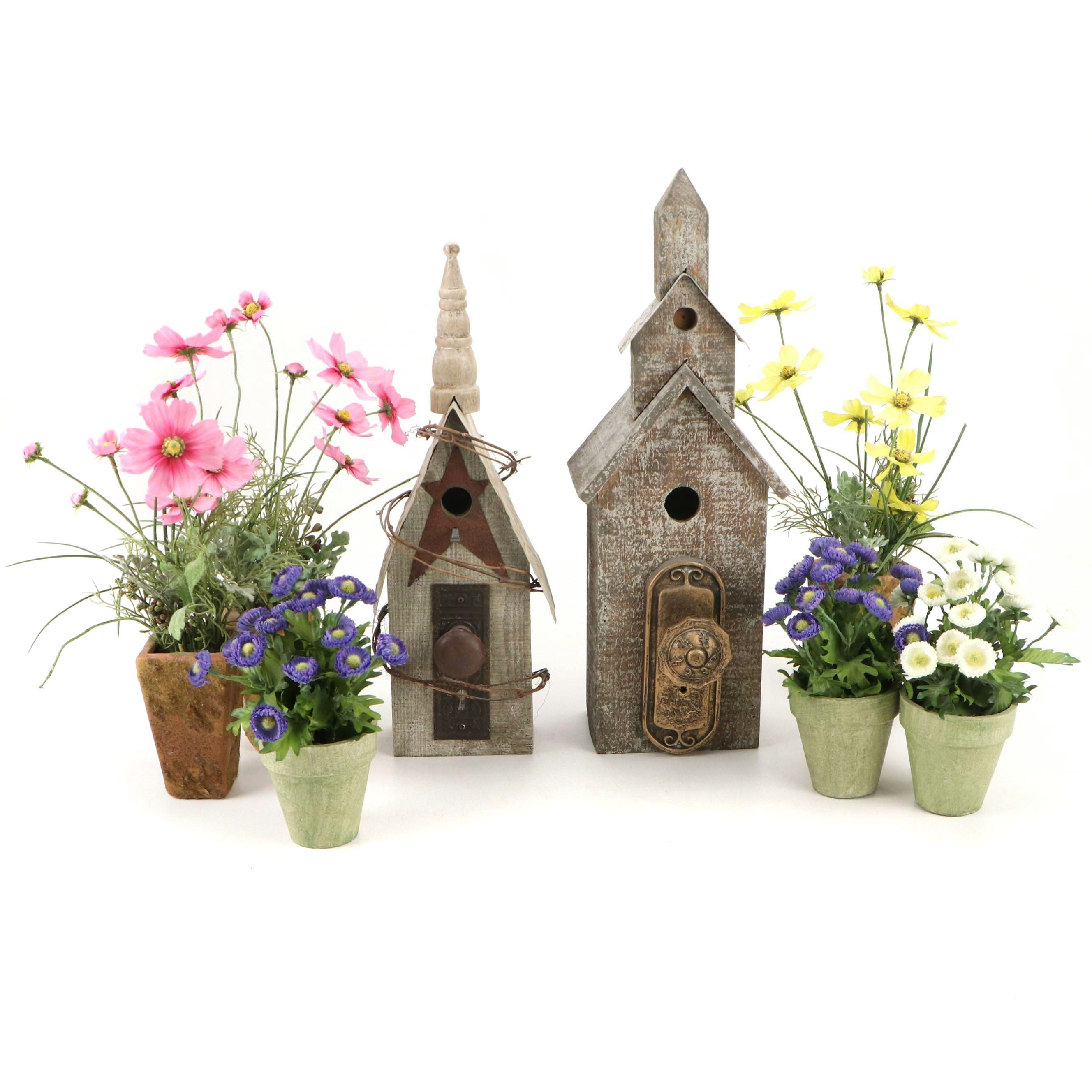 Folk Art Style Wood and Metal Embellished Birdhouses with Artificial Flowers