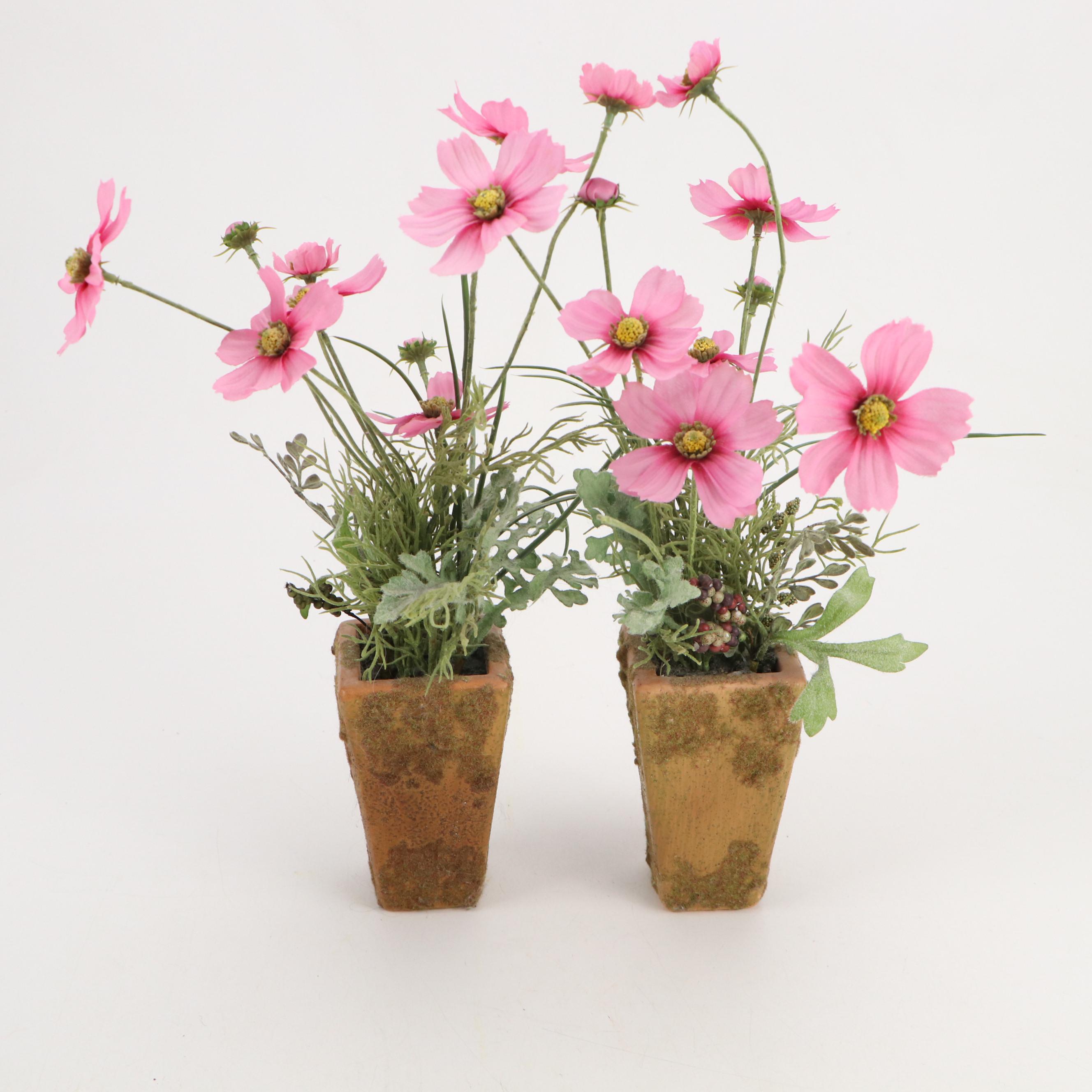 Folk Art Style Wood and Metal Embellished Birdhouses with Artificial Flowers