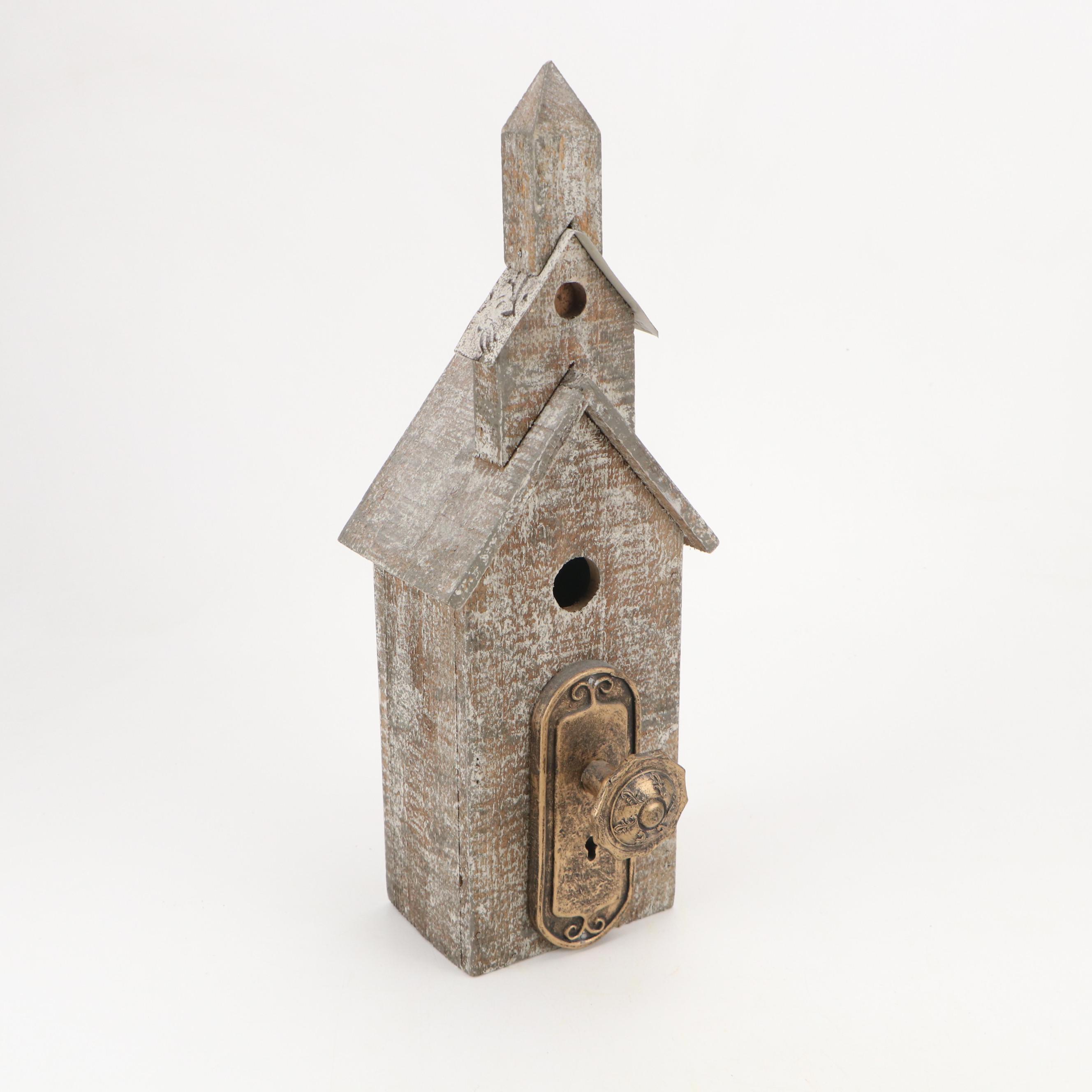 Folk Art Style Wood and Metal Embellished Birdhouses with Artificial Flowers