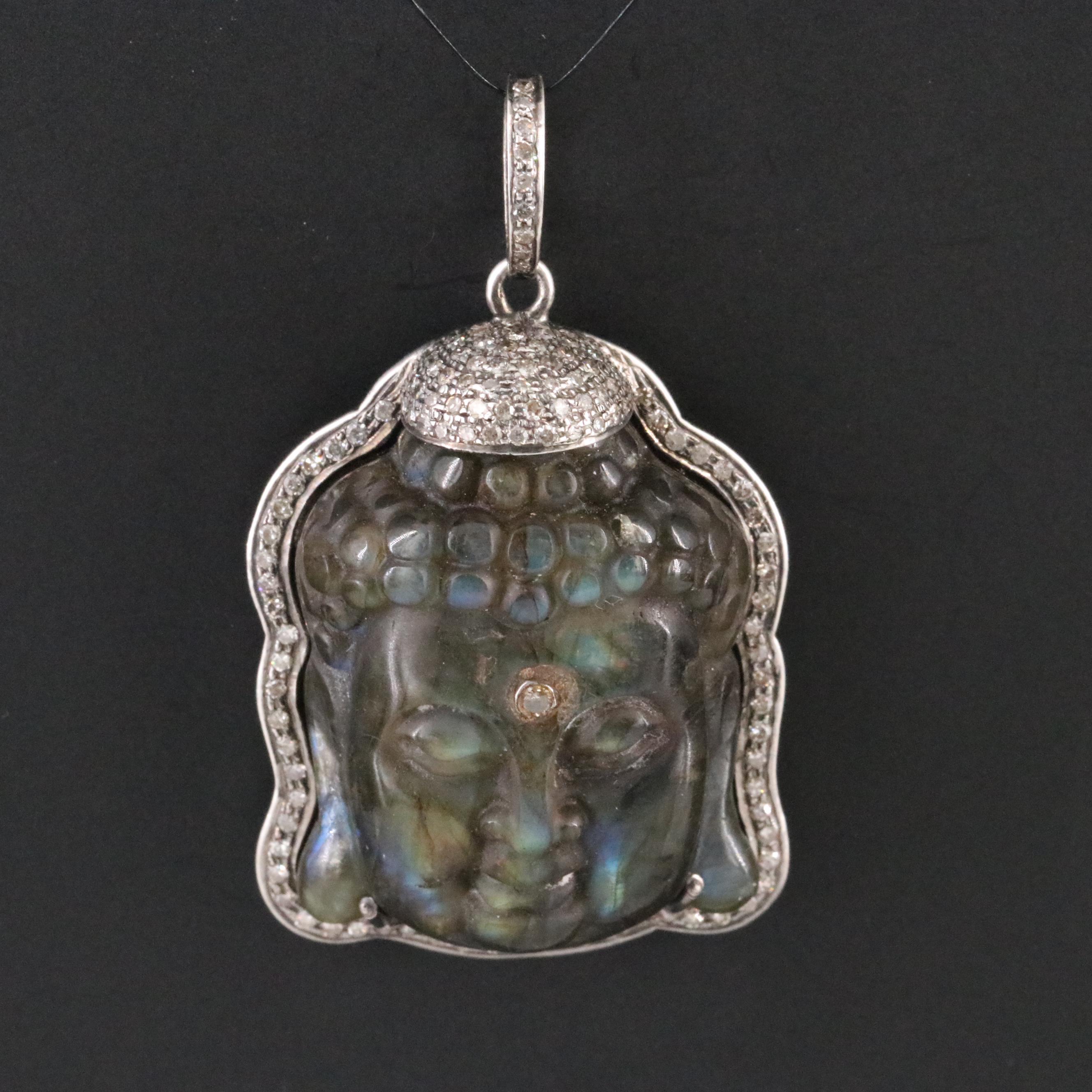 Sterling Carved Labradorite and Diamond Buddha Head Pendant