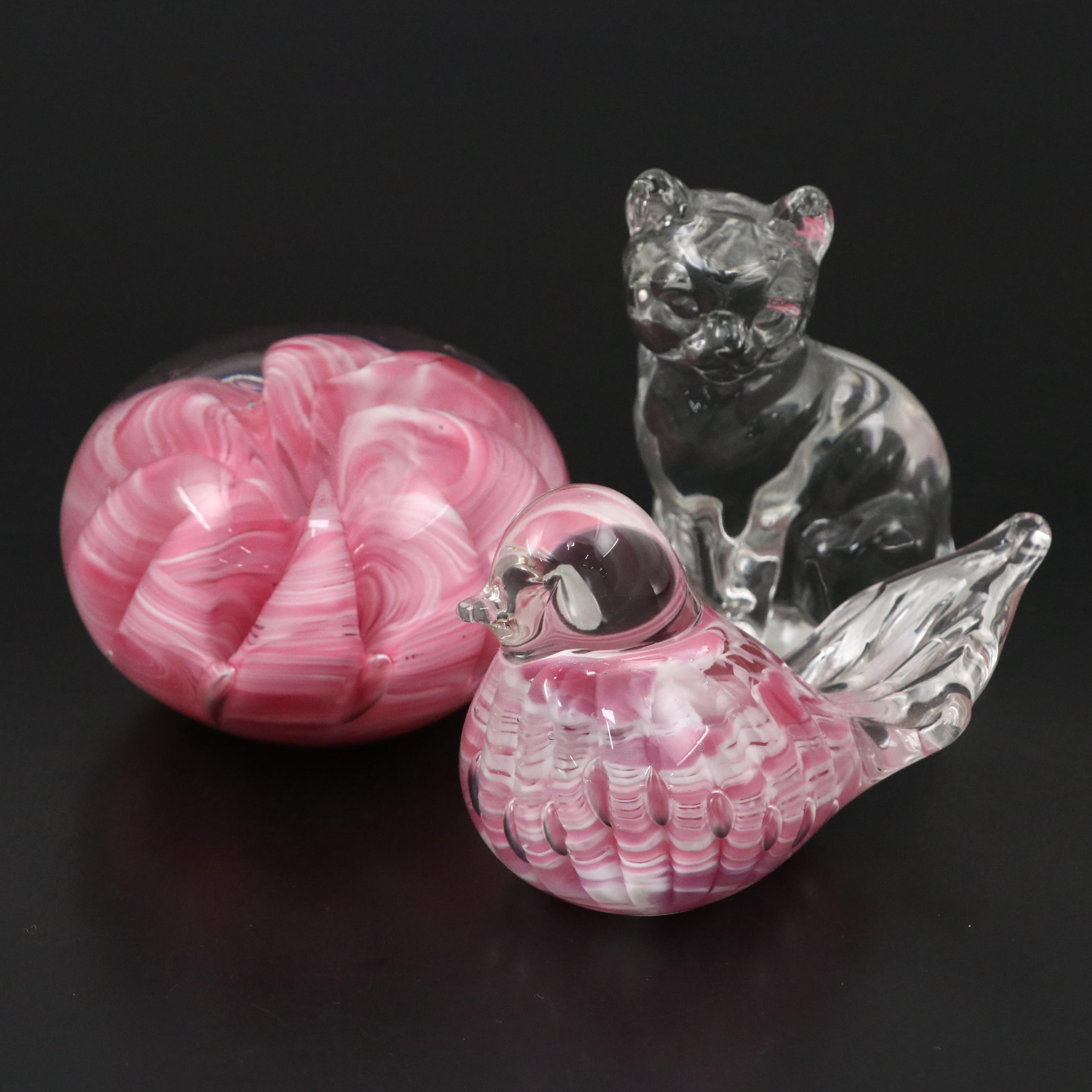 Fenton Glass Cat with St. Clair Glass Bird and Paperweight