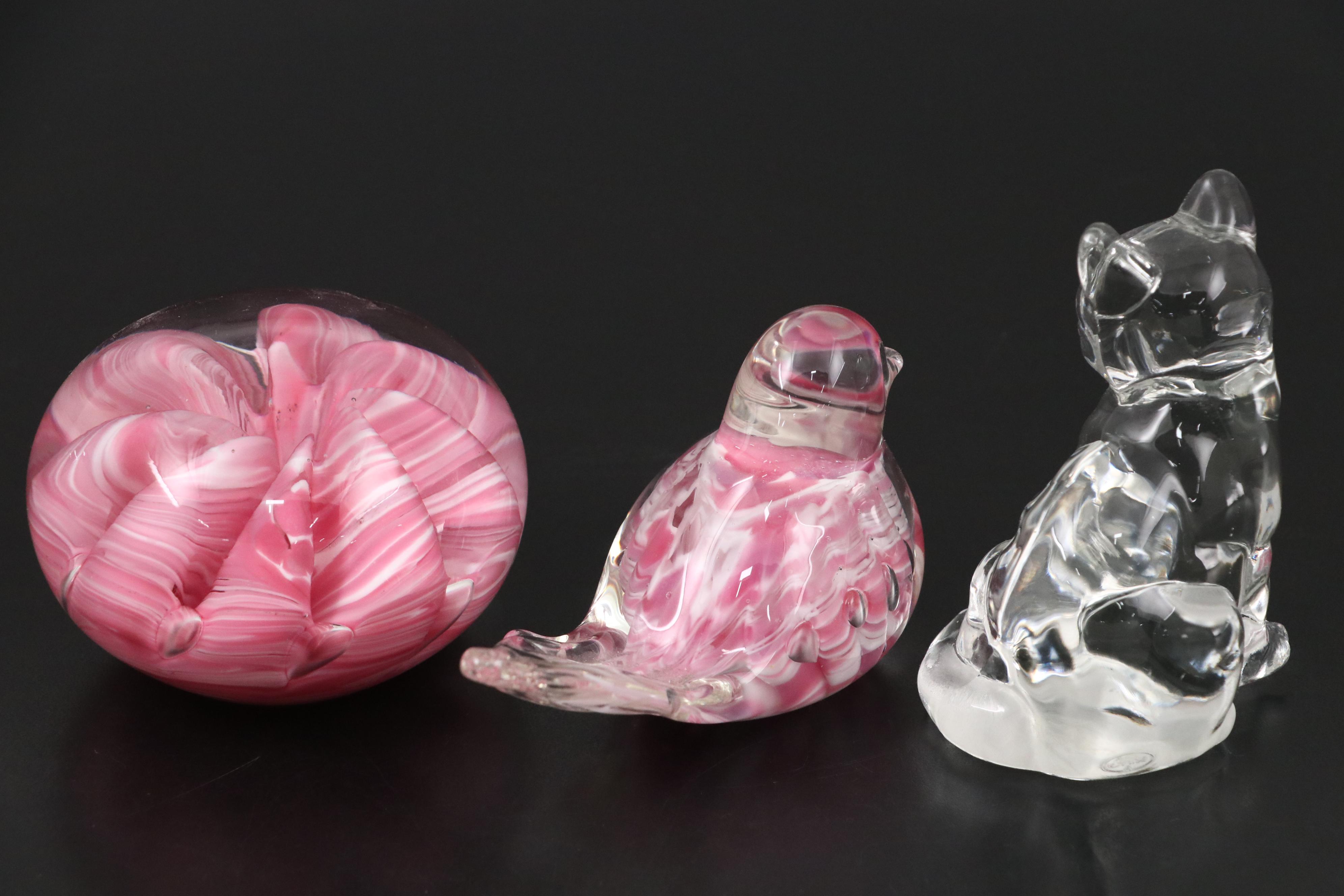 Fenton Glass Cat with St. Clair Glass Bird and Paperweight