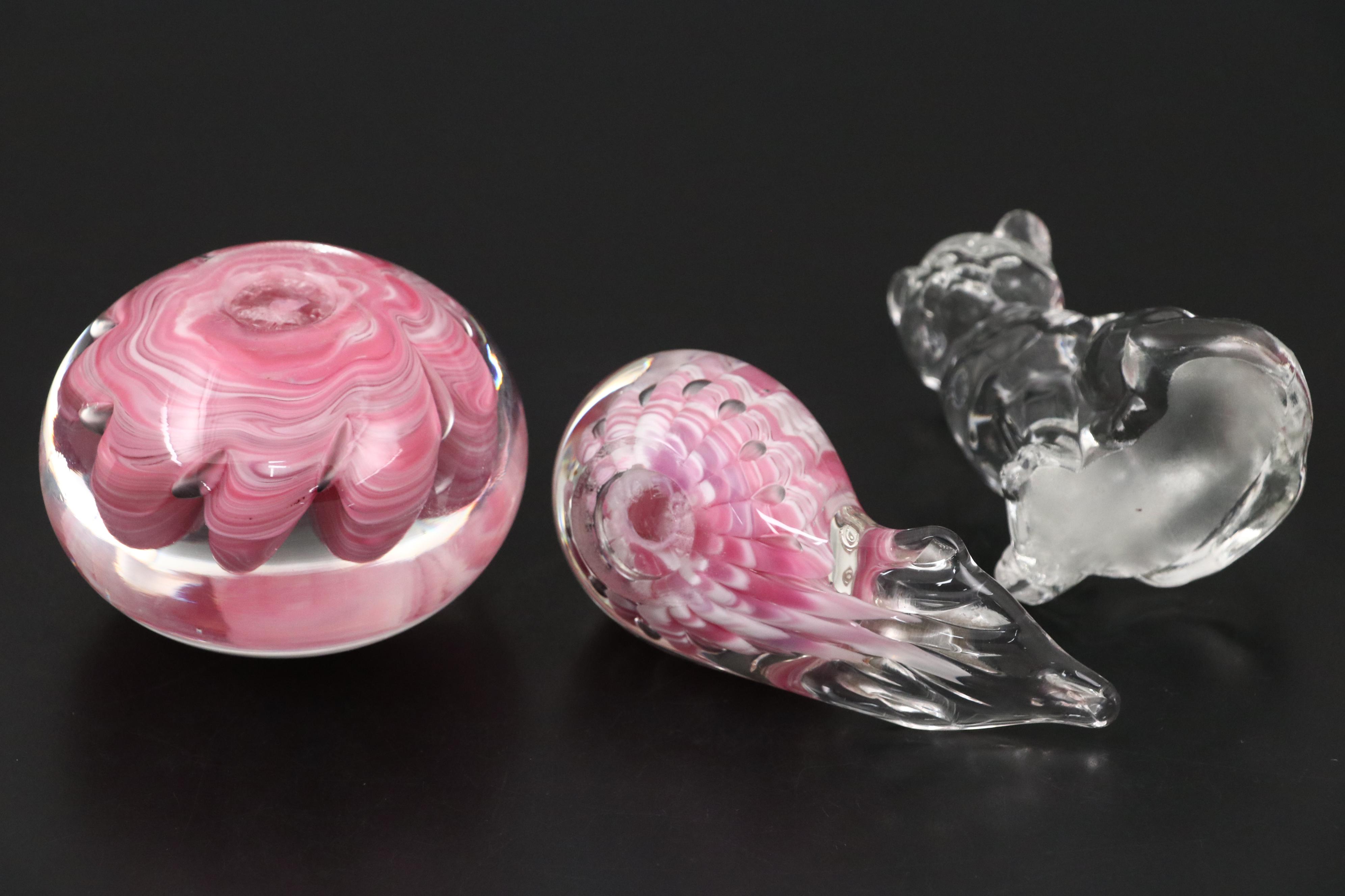 Fenton Glass Cat with St. Clair Glass Bird and Paperweight