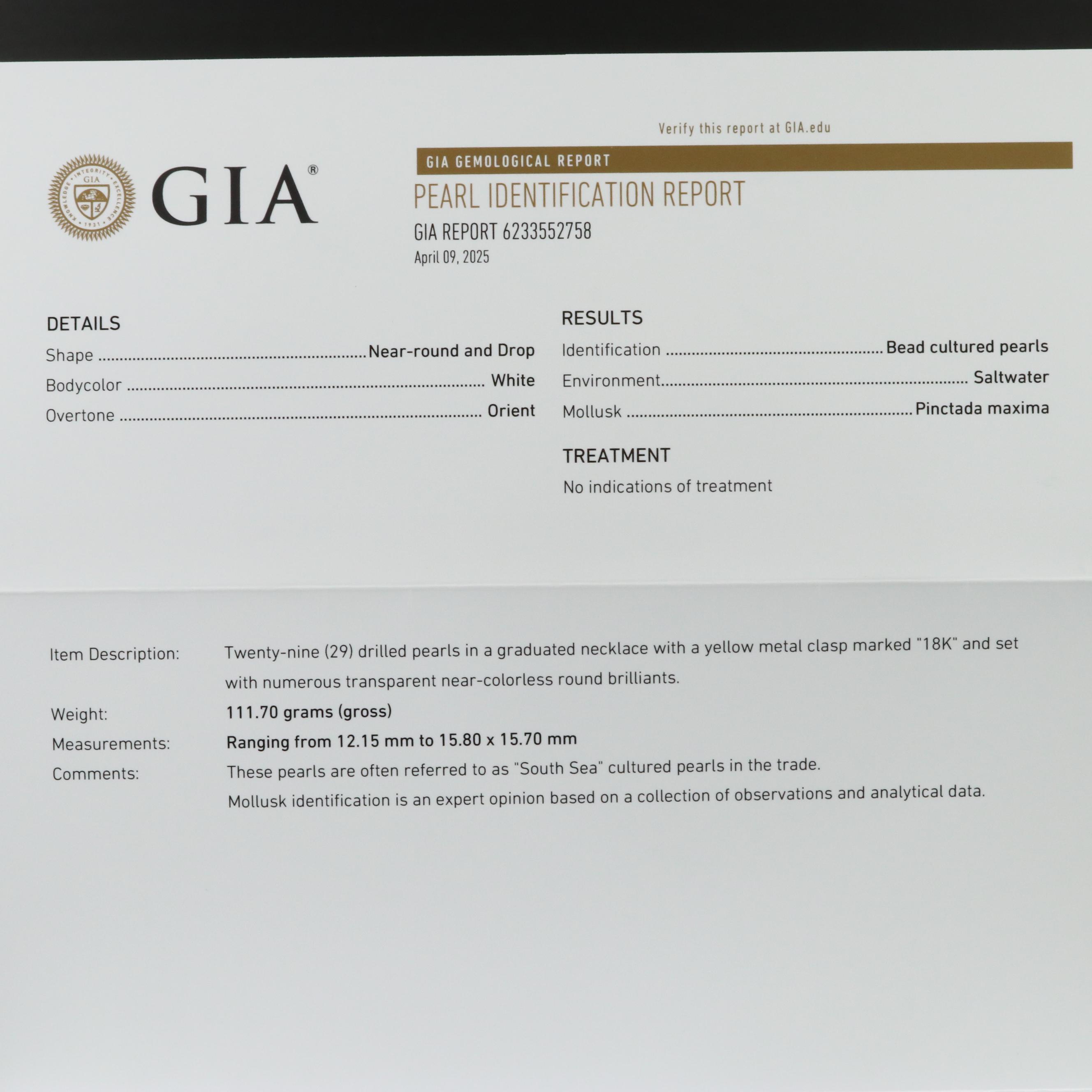 South Sea Pearl Necklace with 18K Diamond Clasp and GIA Report