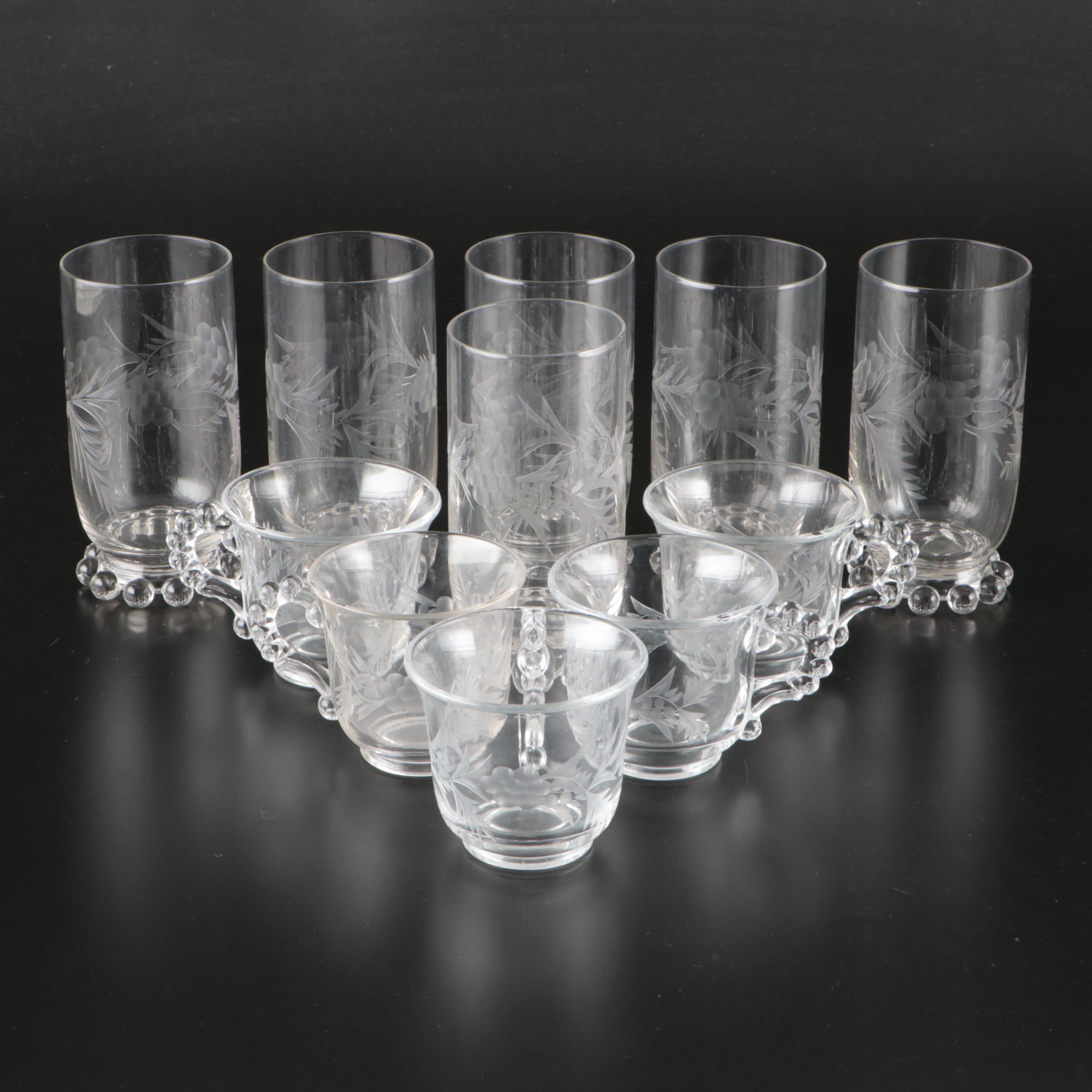 Imperial Glass Etched Glass Tumblers and Punch Cups, 20th Century