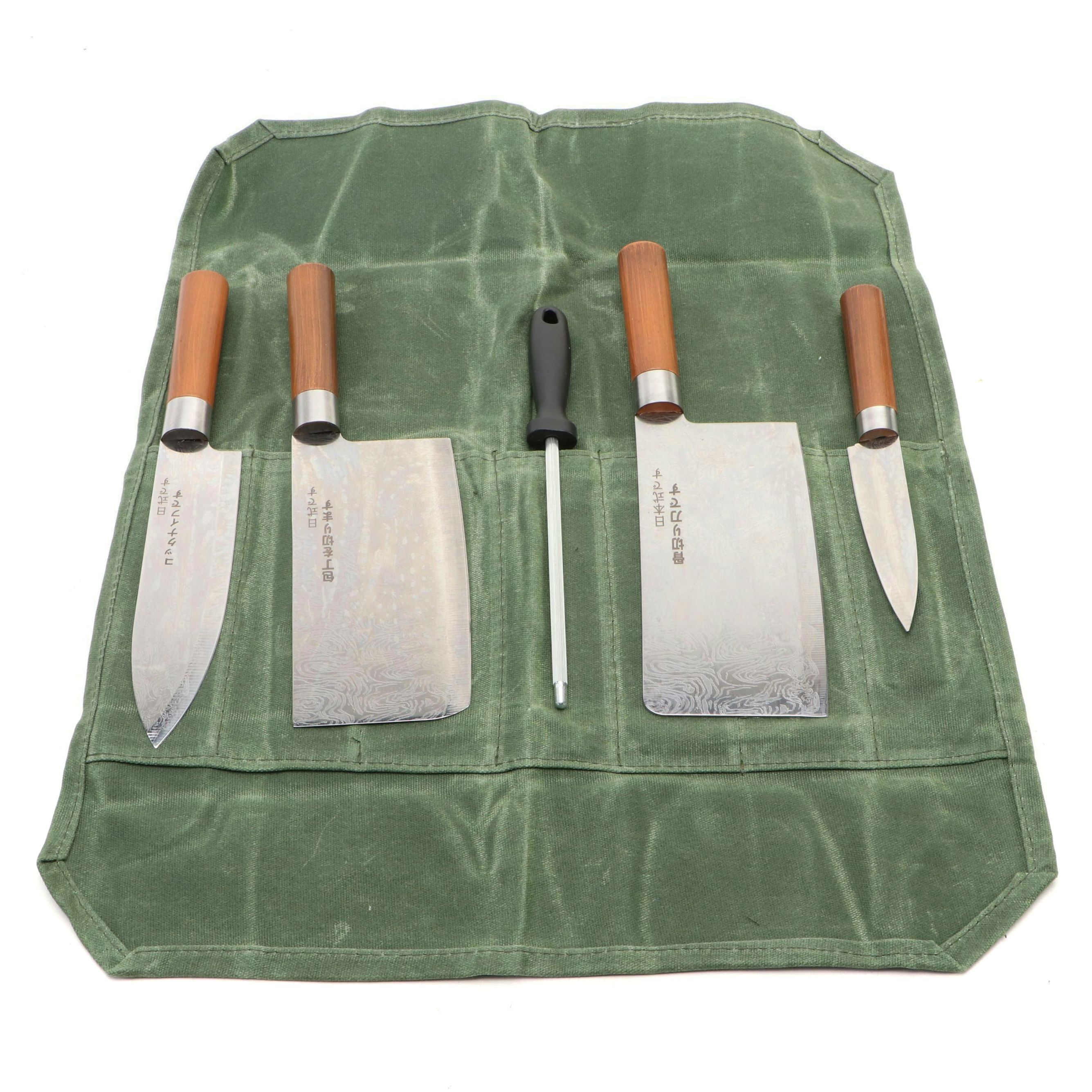 Japanese Style Etched Stainless Steel Chef's Knife Set in Knife Roll