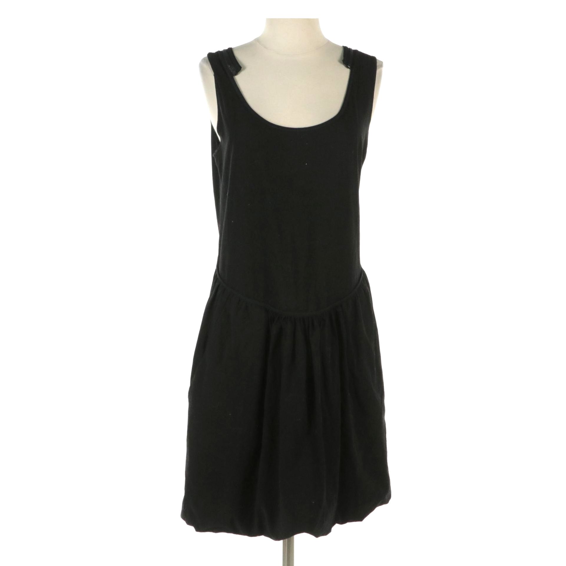 Prada Black Cotton Drop-Waist Sleeveless Dress with Zipper Detail on Shoulders