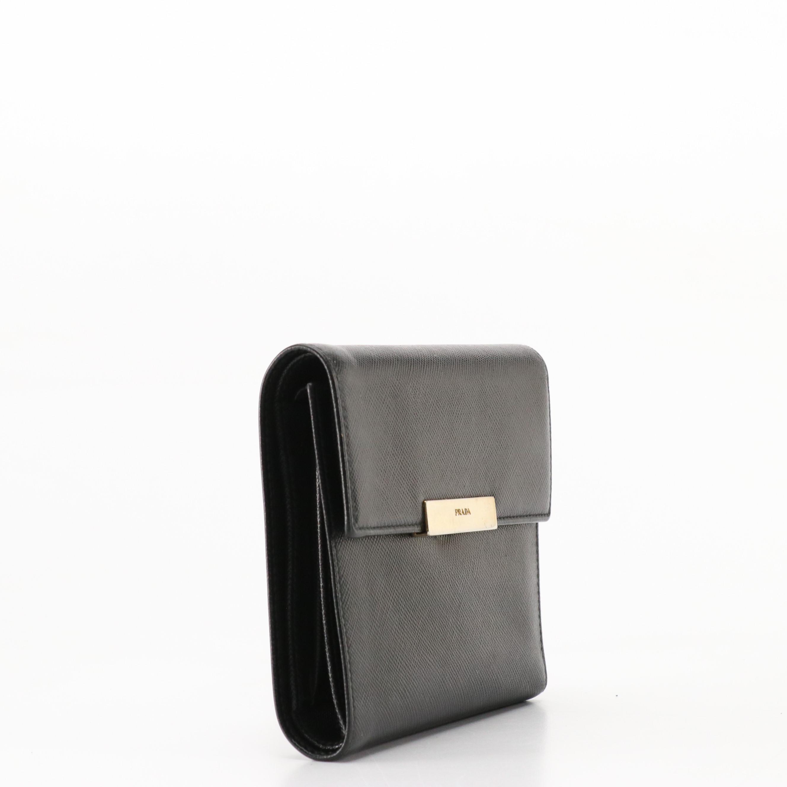 Prada Black Saffiano Leather Trifold Compact Wallet