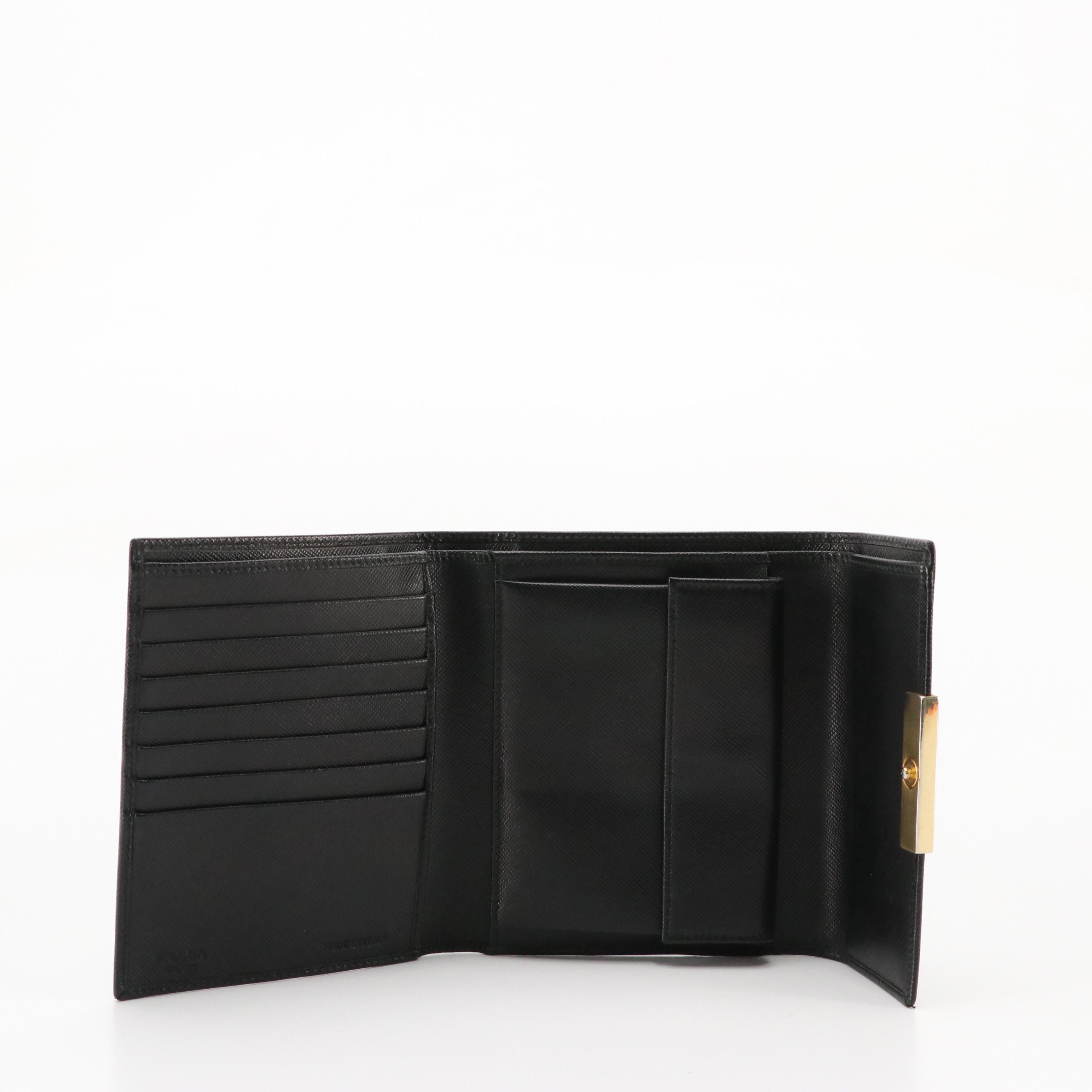 Prada Black Saffiano Leather Trifold Compact Wallet