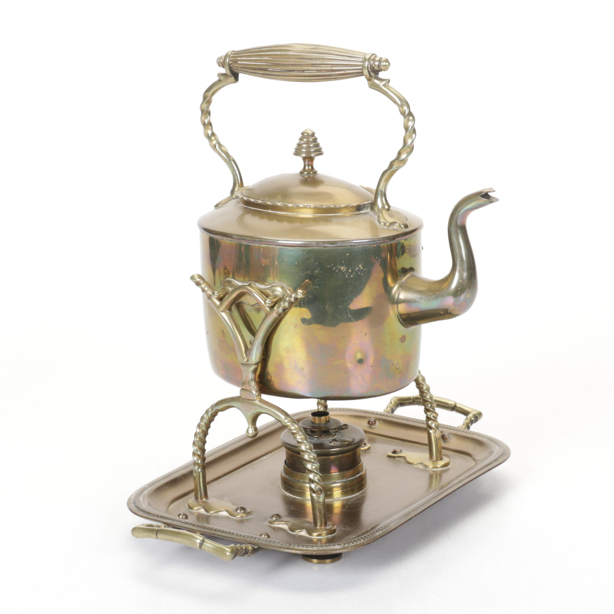 English Brass Hot Water Pot and Stand, Late 19th to Early 20th Century