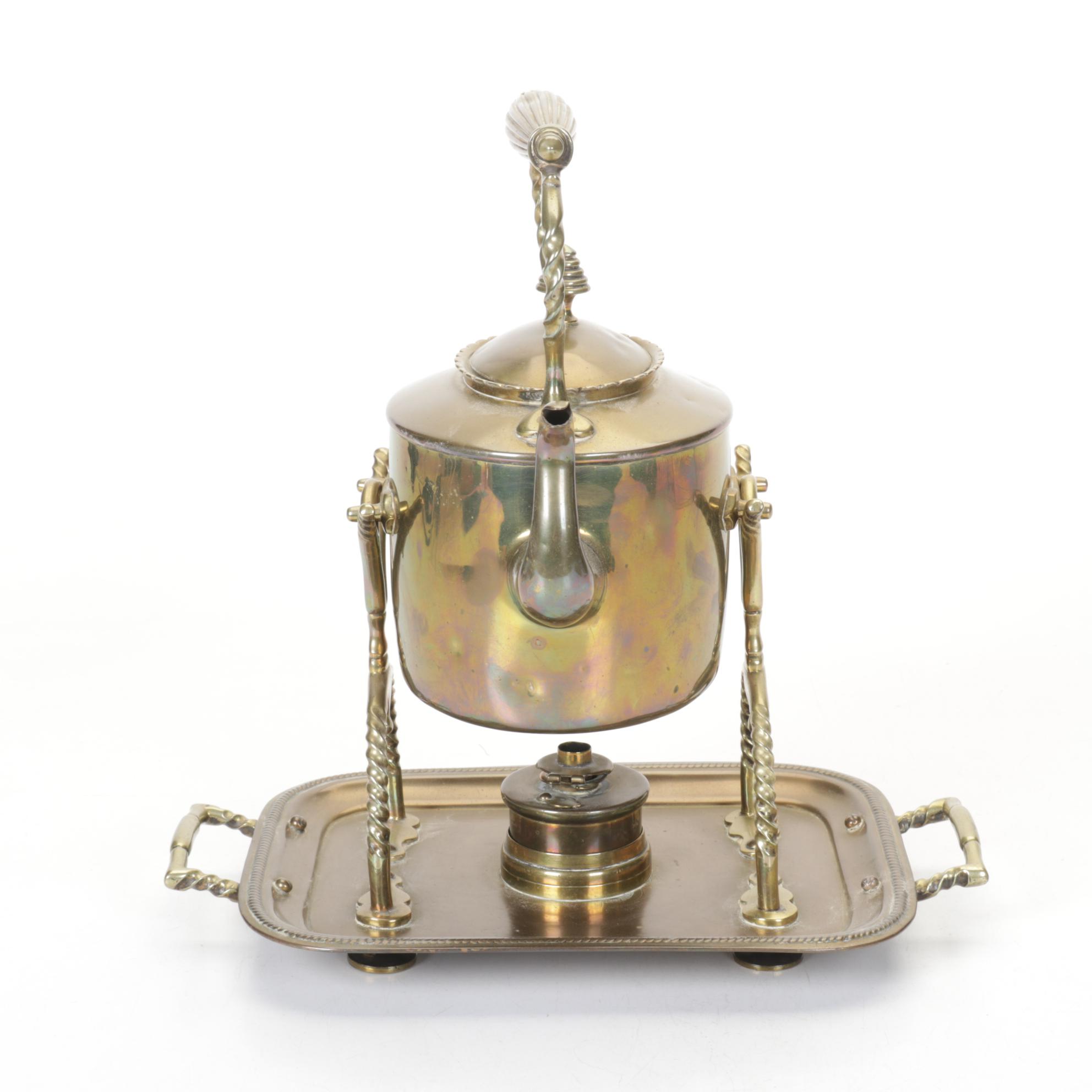 English Brass Hot Water Pot and Stand, Late 19th to Early 20th Century