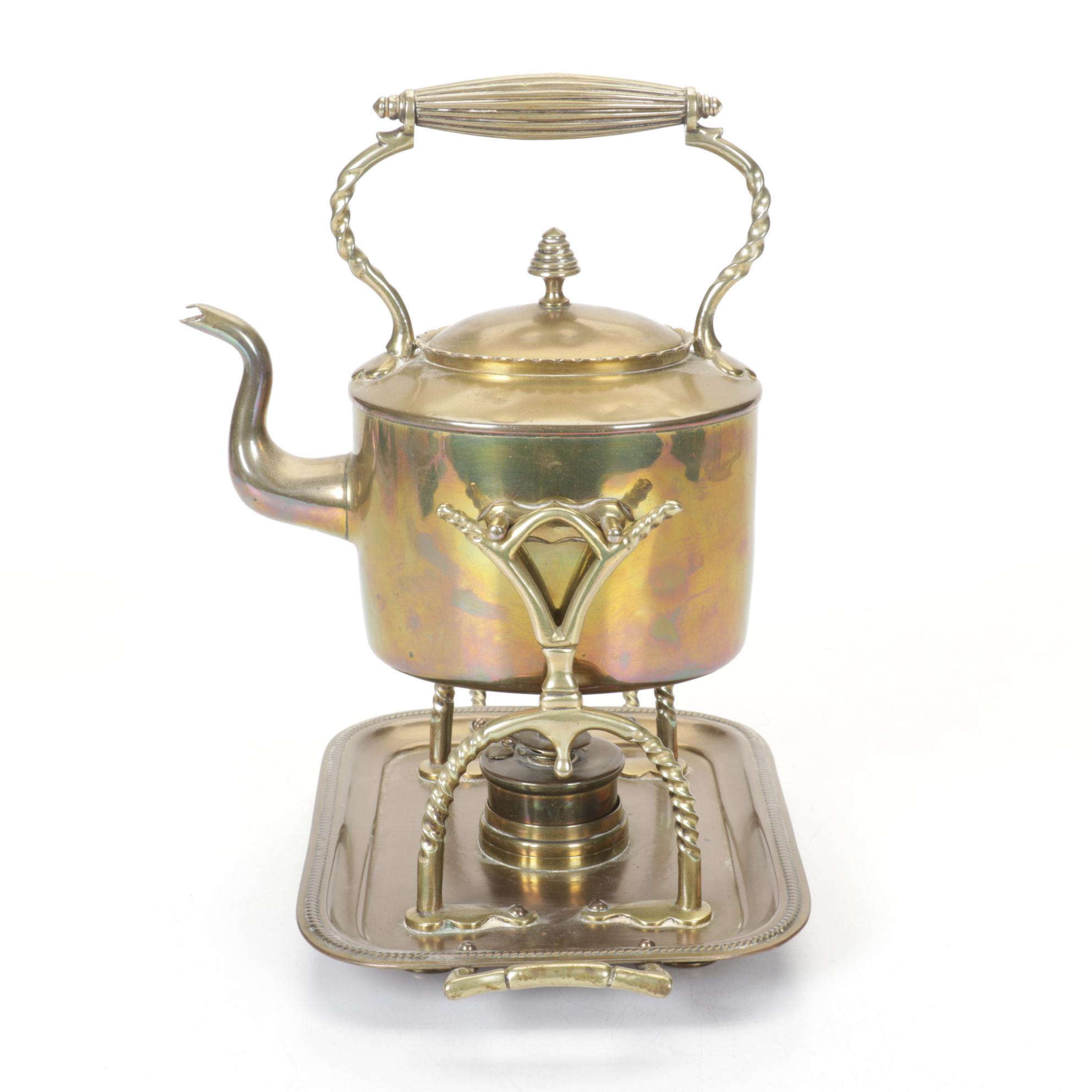 English Brass Hot Water Pot and Stand, Late 19th to Early 20th Century