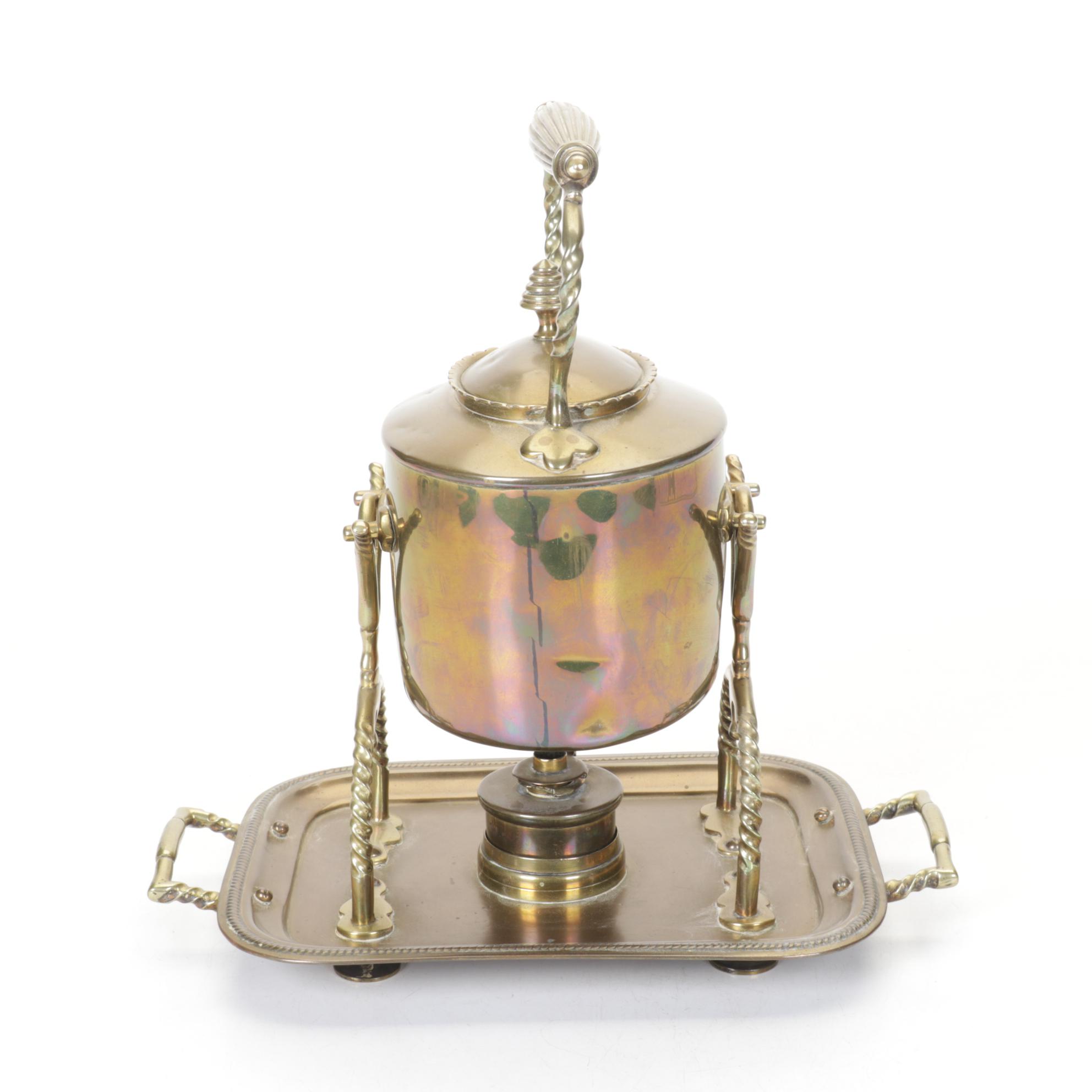 English Brass Hot Water Pot and Stand, Late 19th to Early 20th Century