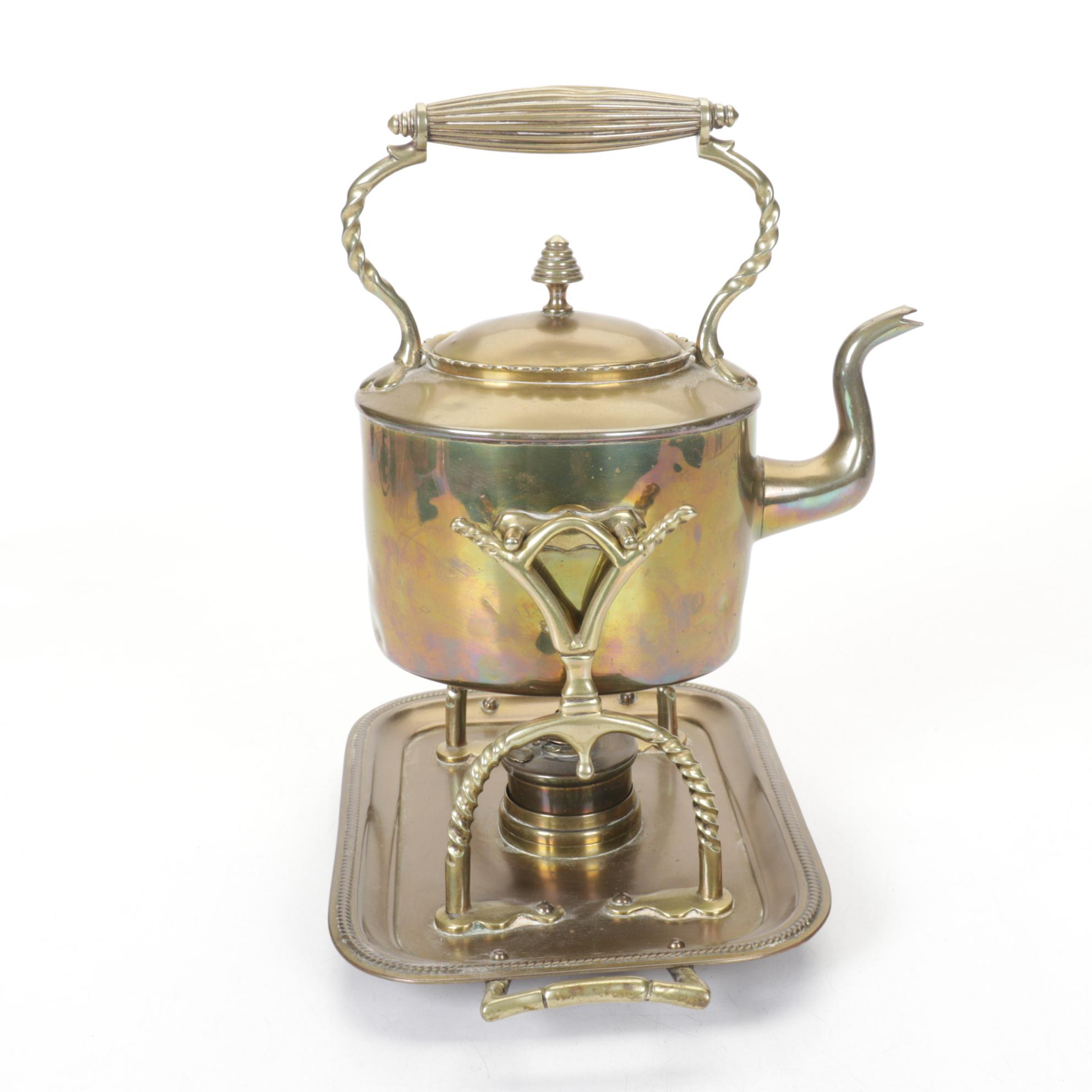 English Brass Hot Water Pot and Stand, Late 19th to Early 20th Century