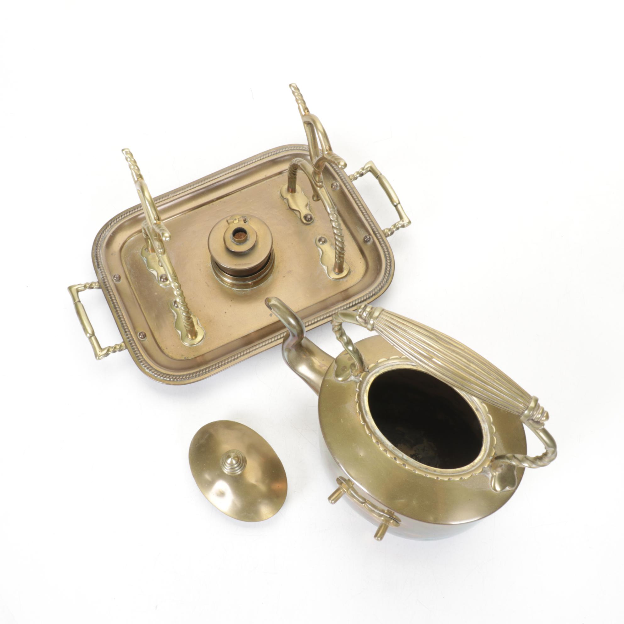 English Brass Hot Water Pot and Stand, Late 19th to Early 20th Century