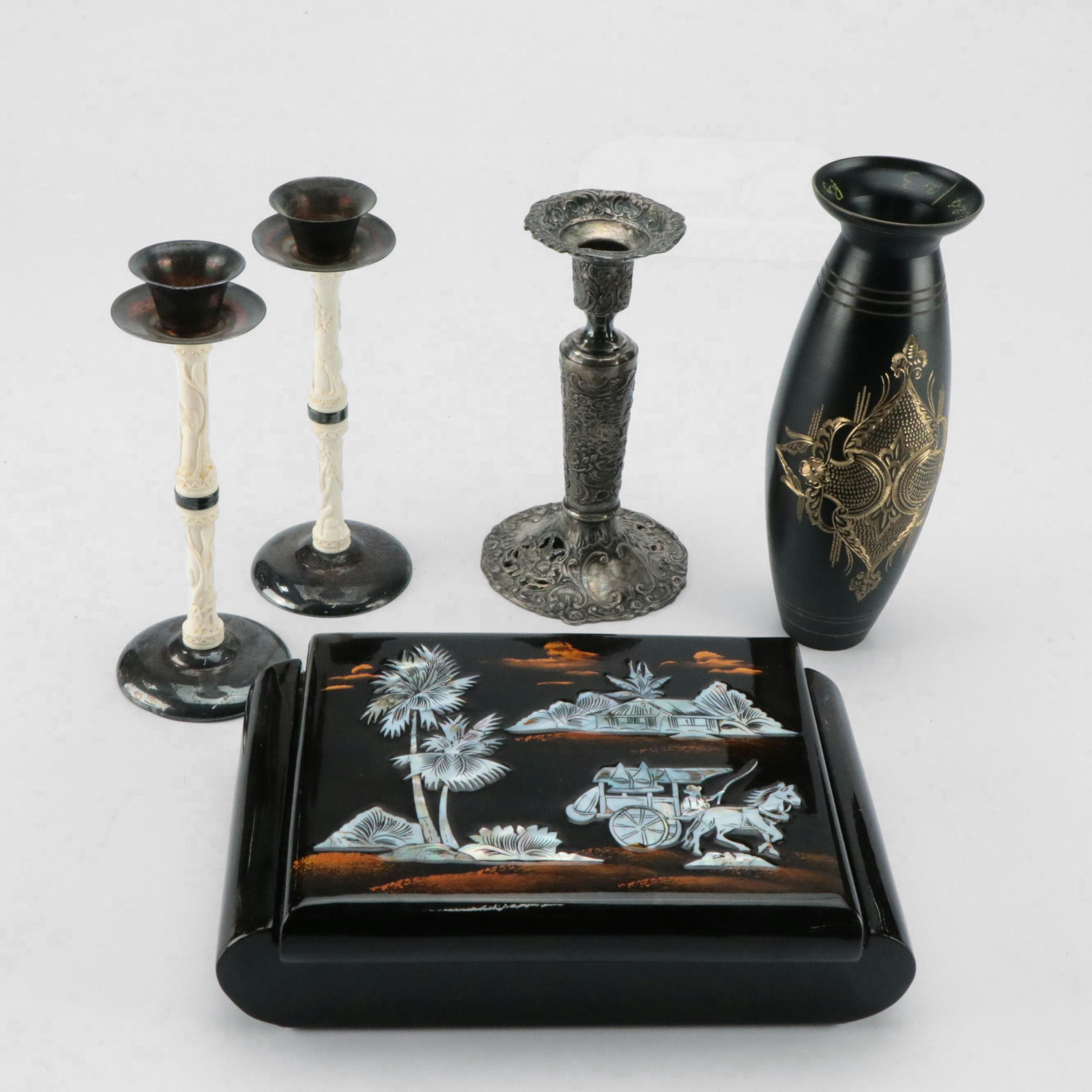 Japanese MOP ando Lacquer Box, Engraved Pewter Candle Holder, and Other Décor