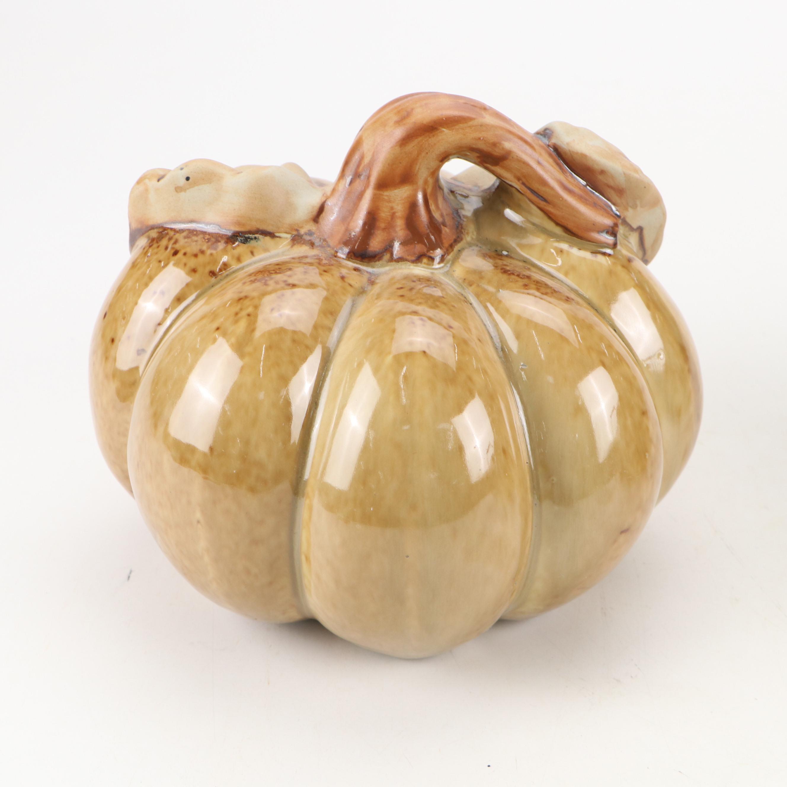 Ceramic Pumpkin Tureen with Wire Baskets and Other Décor