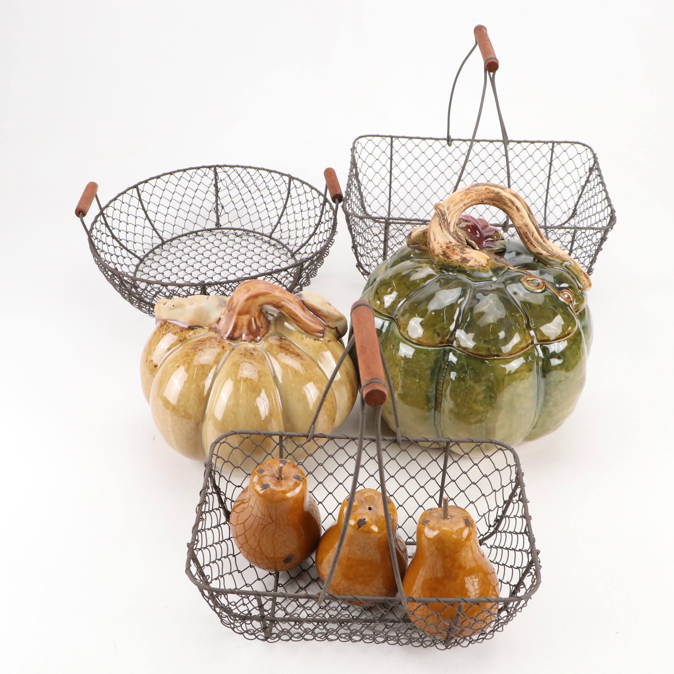Ceramic Pumpkin Tureen with Wire Baskets and Other Décor