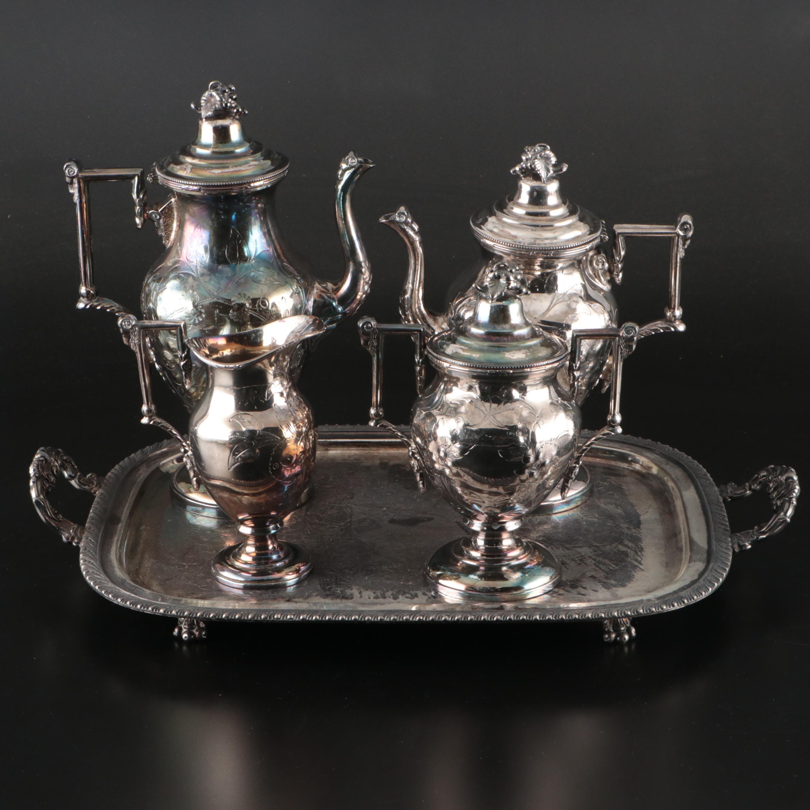 Silver Plate Tea and Coffee Service with Serving Tray