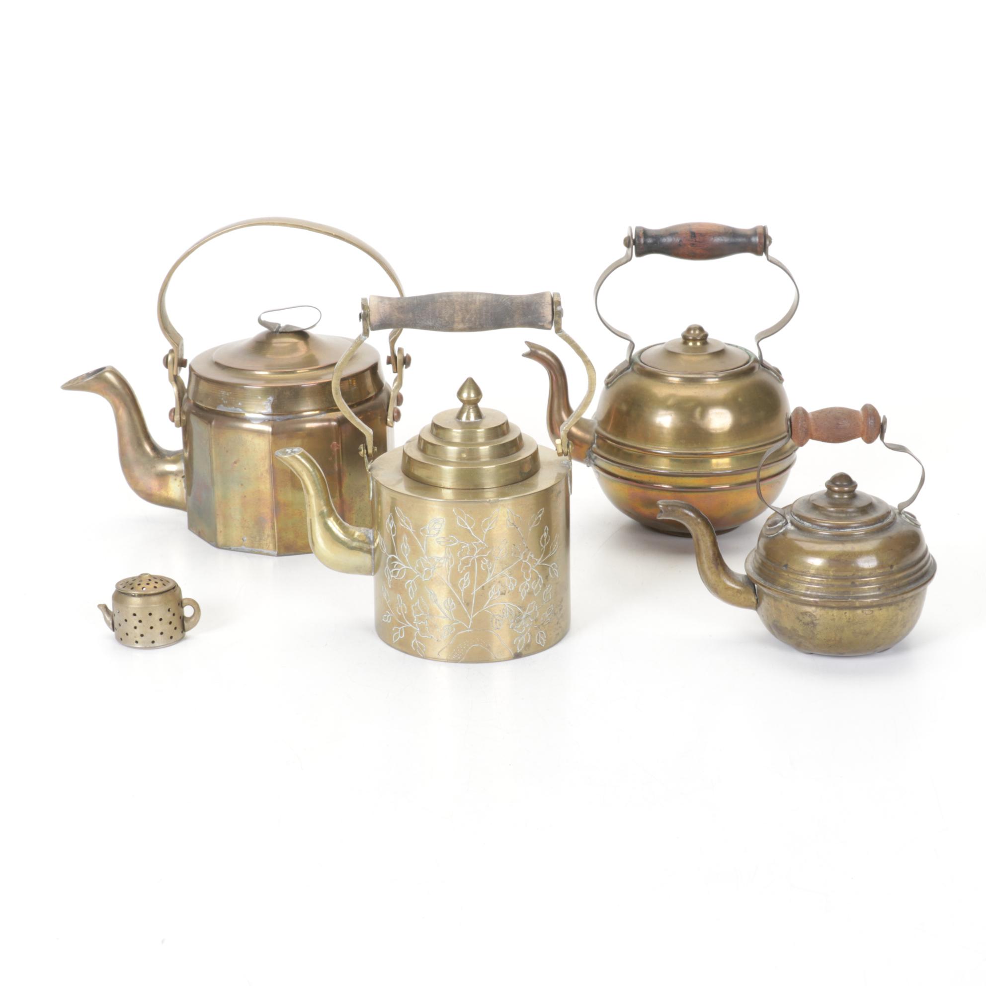 Brass Teapots include Etched Floral Motif, Wood Handles and Tea Strainer