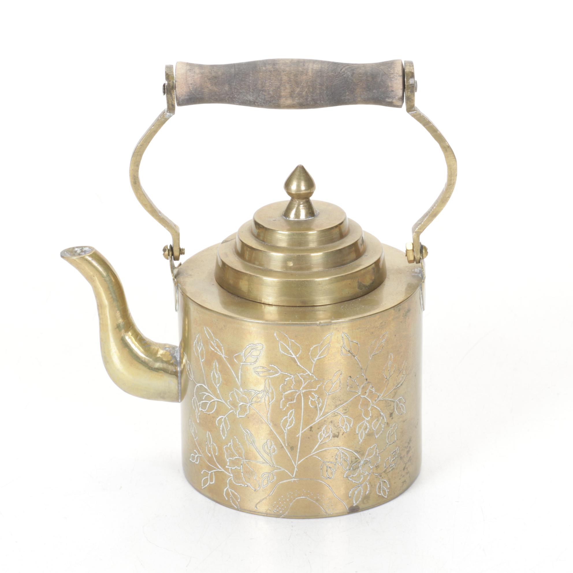 Brass Teapots include Etched Floral Motif, Wood Handles and Tea Strainer