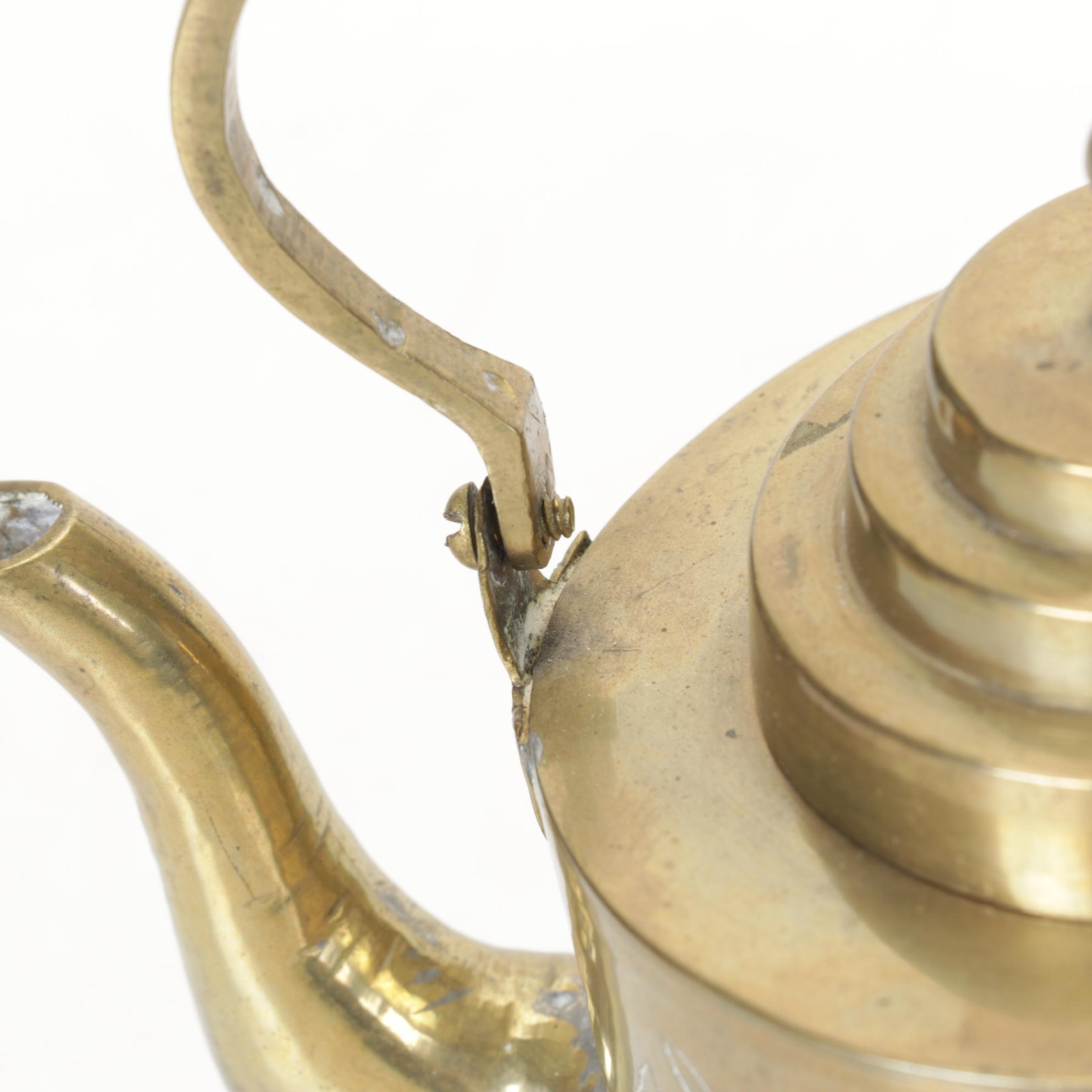 Brass Teapots include Etched Floral Motif, Wood Handles and Tea Strainer